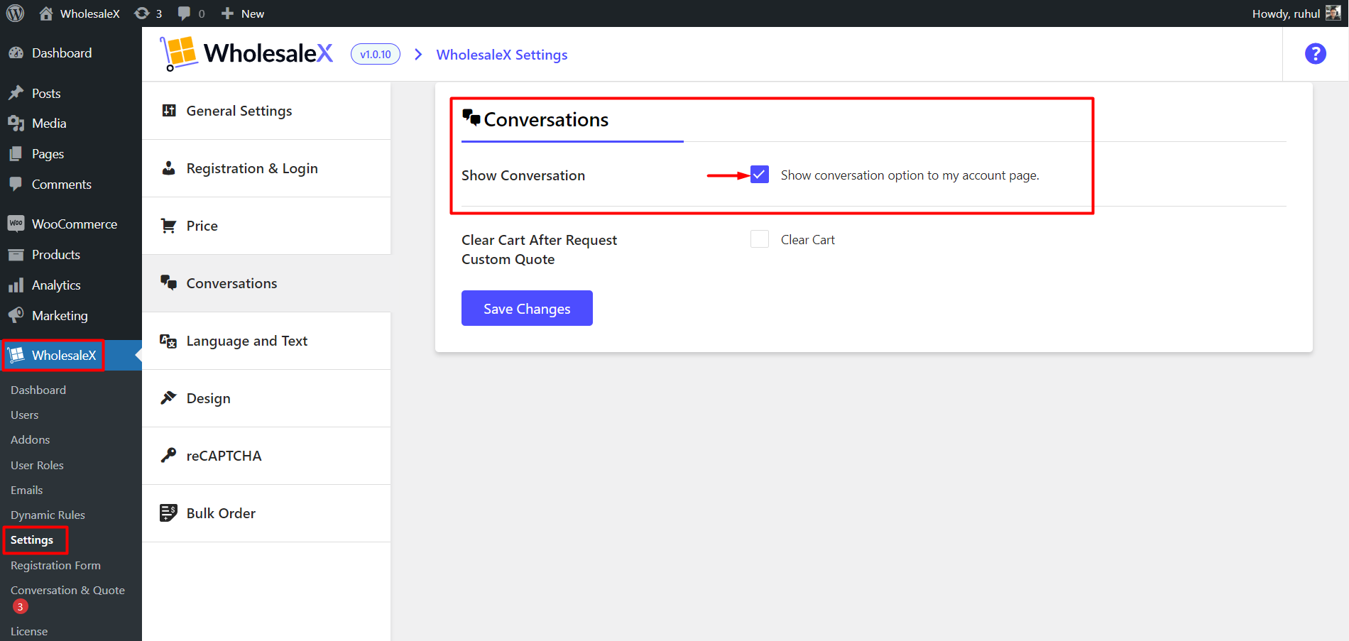 Activating Conversation Option in My Account Page