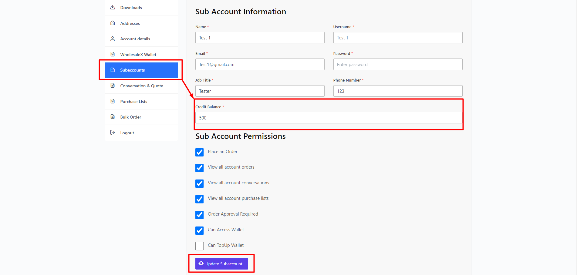 Adding Balance to Subaccount