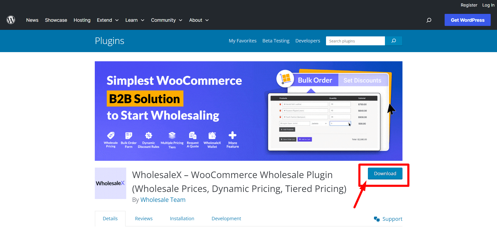 Downloading WholesaleX from WordPress