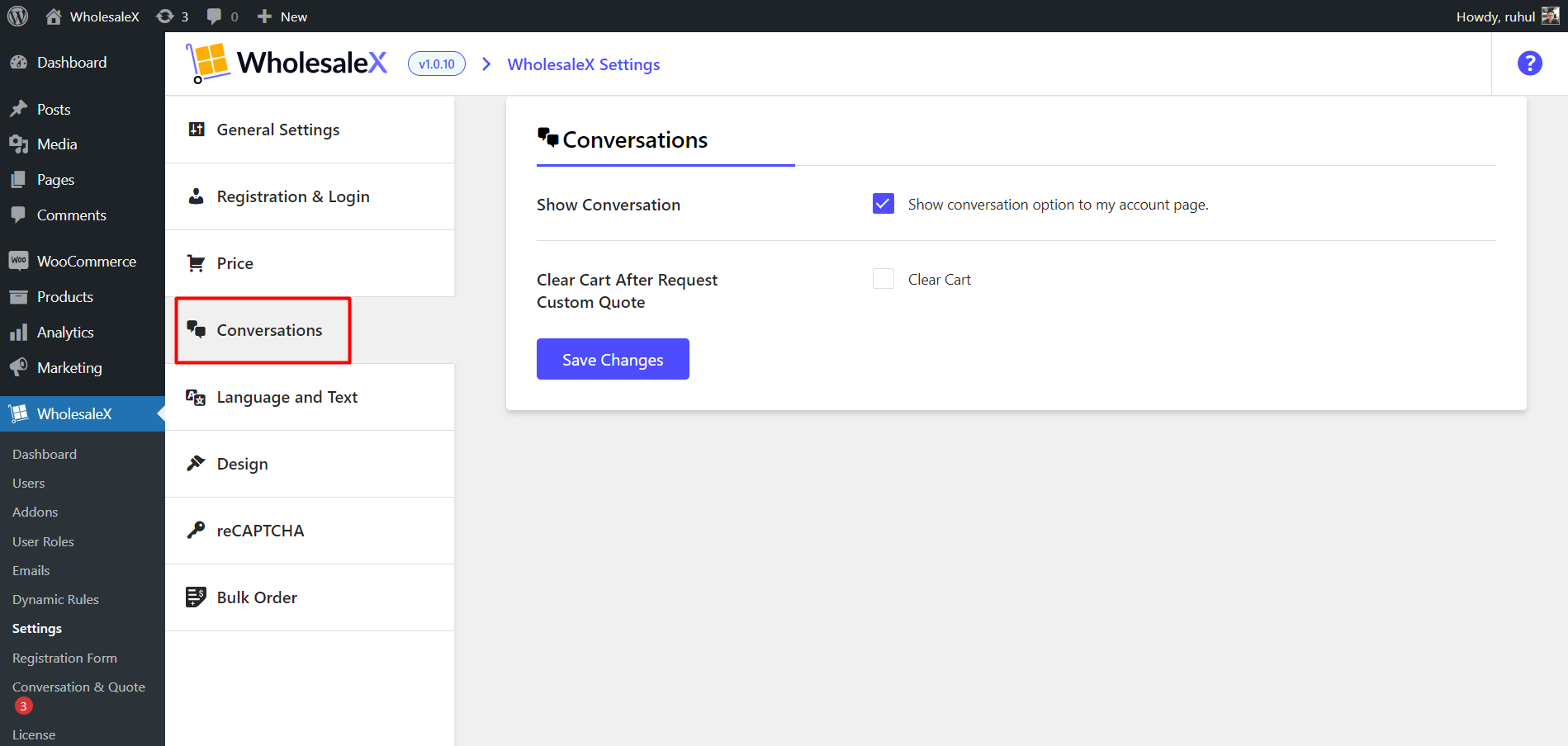 WholesaleX Conversation Settings