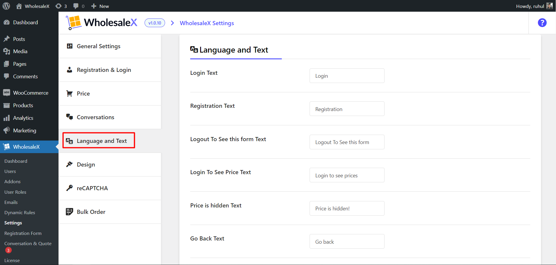 WholesaleX Language and Text Settings