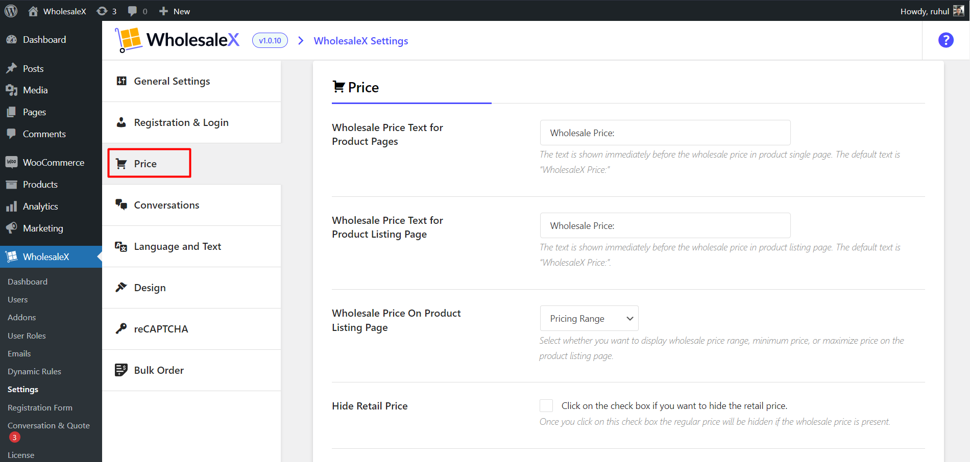 WholesaleX Price Settings