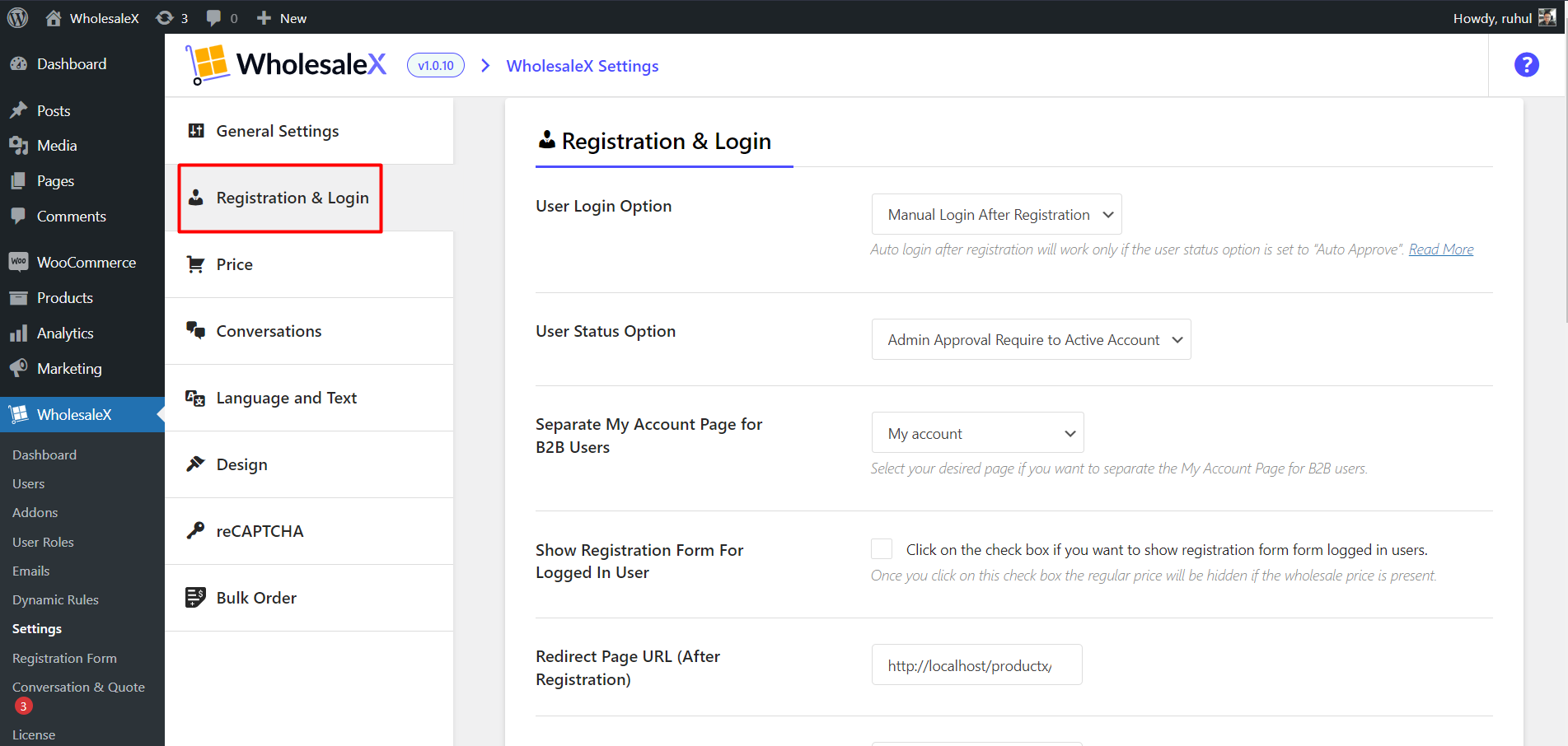 WholesaleX Registration and Login Settings