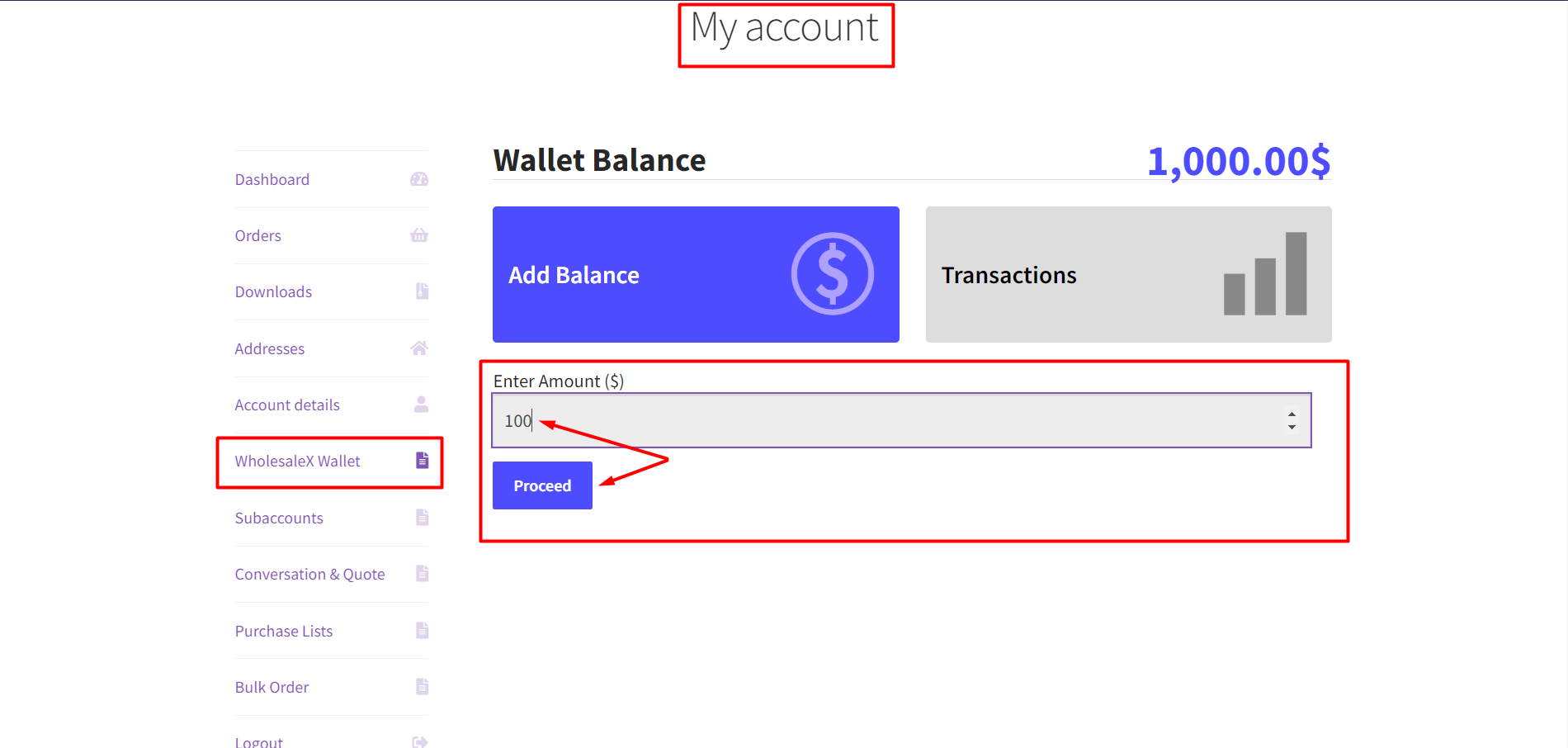WholesaleX Wallet Adding Funds in user Account as User