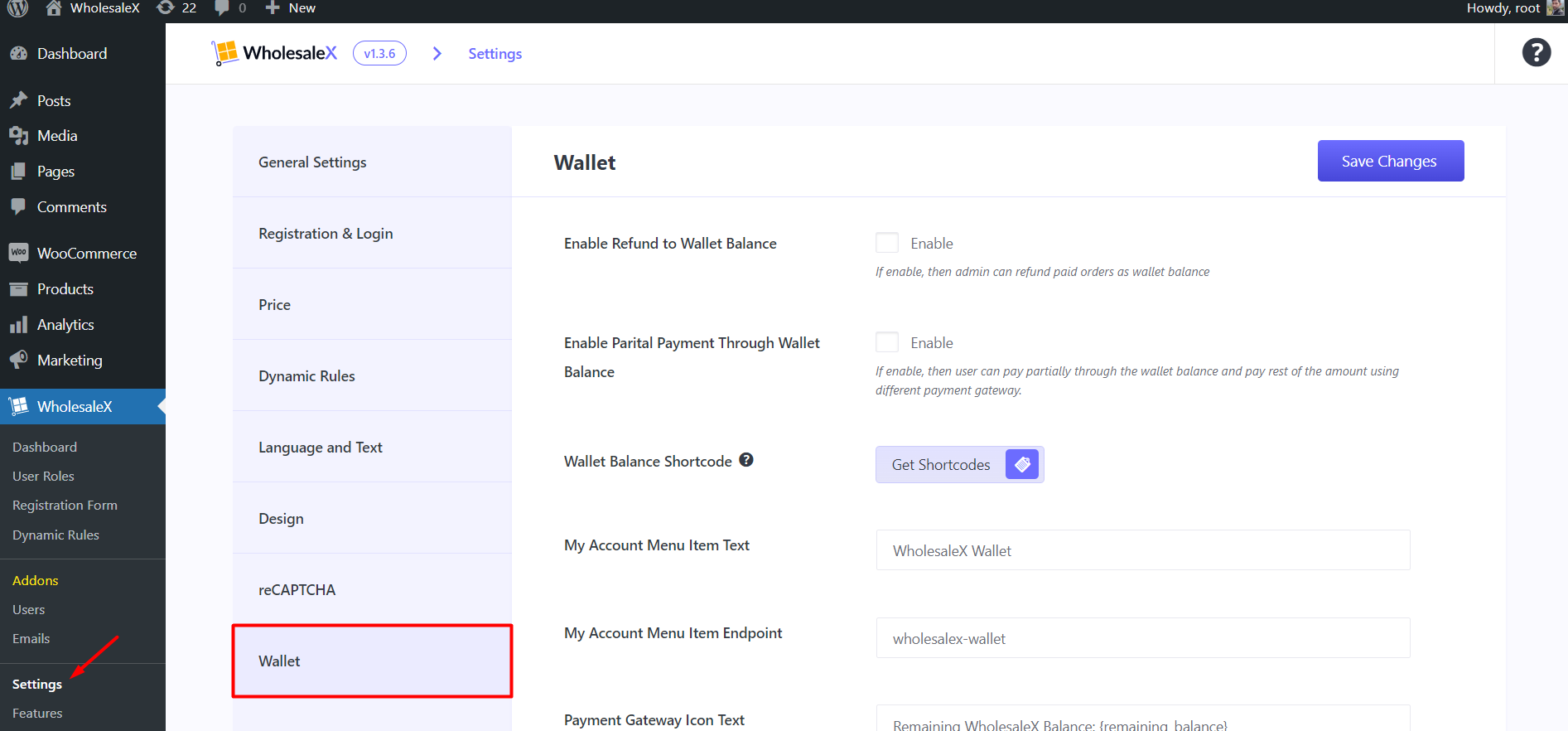 WholesaleX Wallet Settings