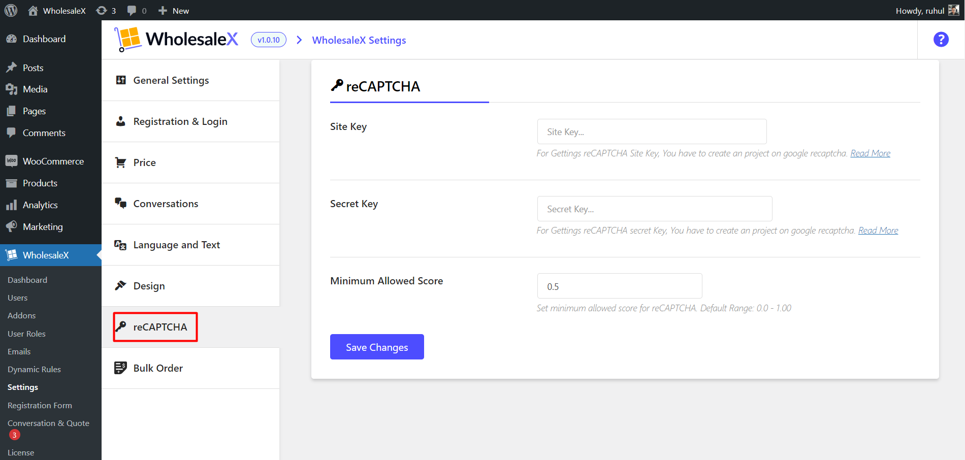 WholesaleX reCAPTCHA Settings