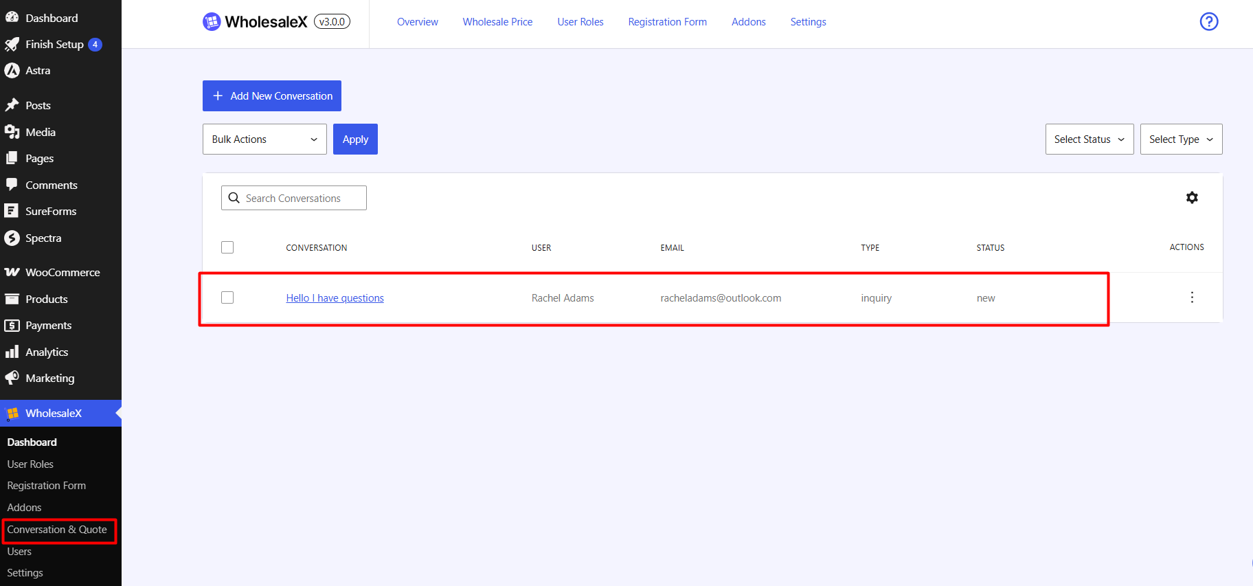 accessing conversation from WholesaleX dashboard
