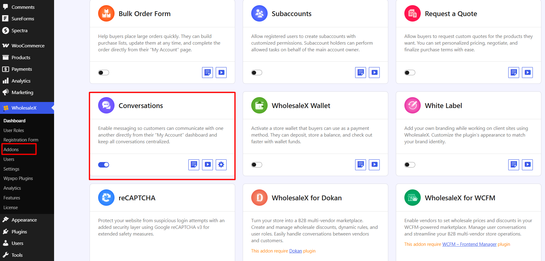 activating wholesalex conversation addon