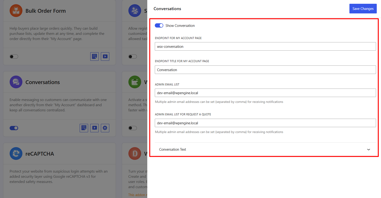 customizing conversation addon settings