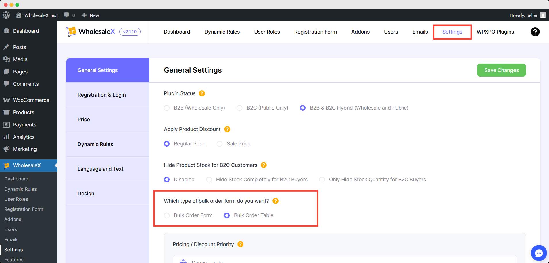 choosing the bulk order layout from general setting option