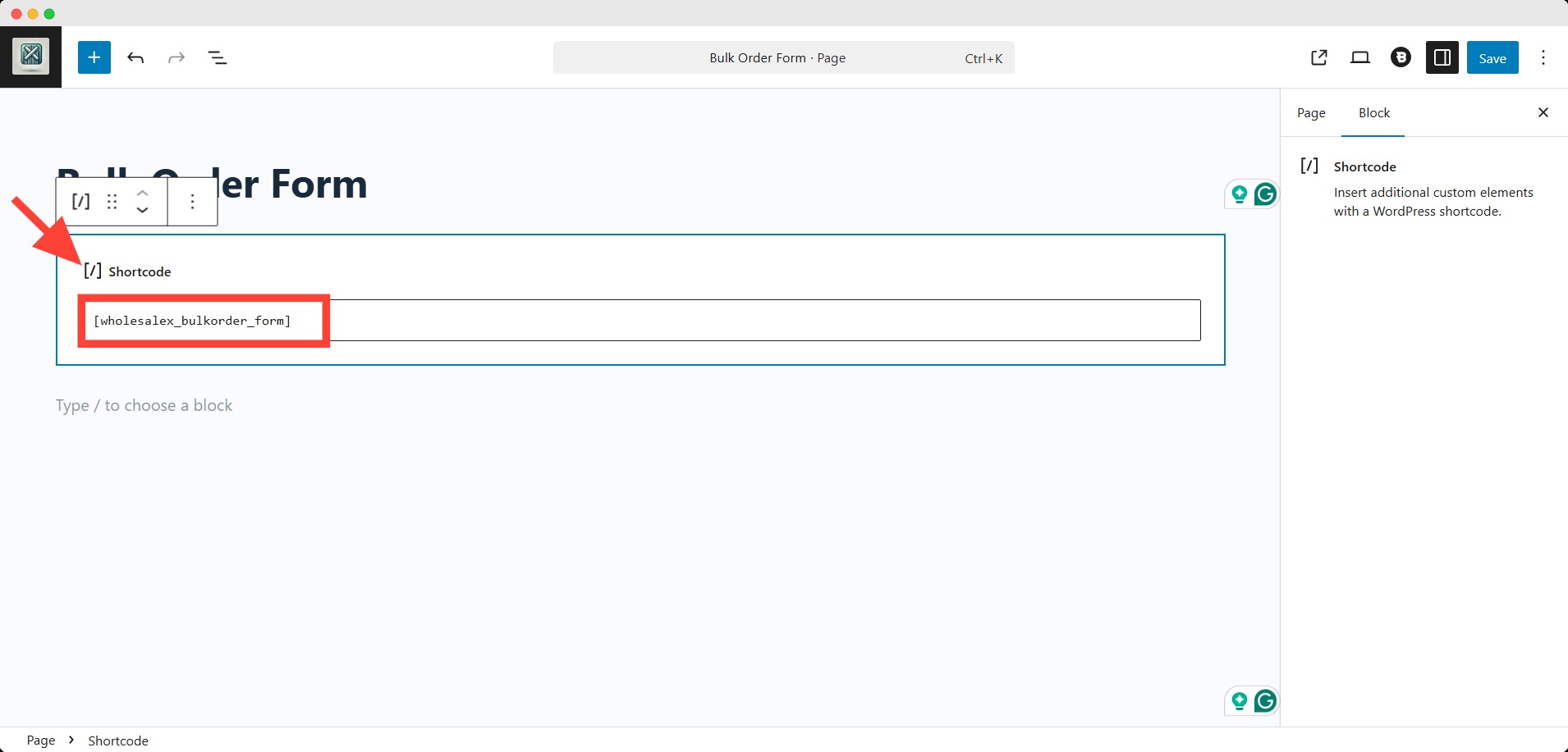 bulk order form in a separate page using a shortcode