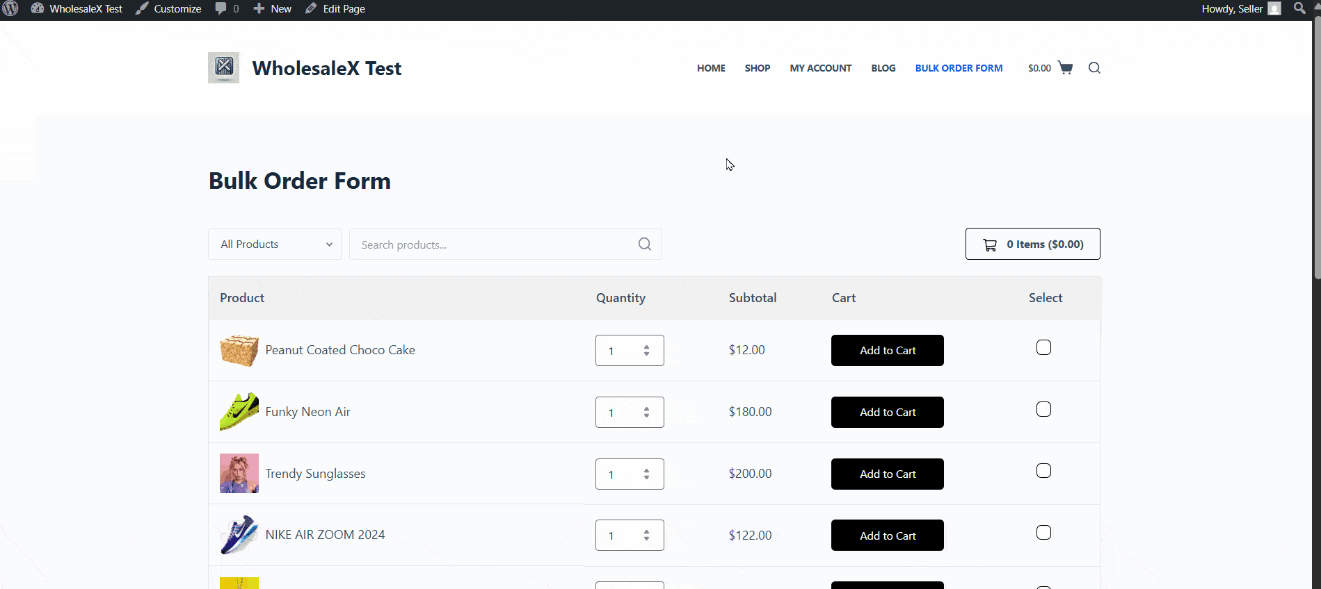 a separate page for bulk order form in table layout