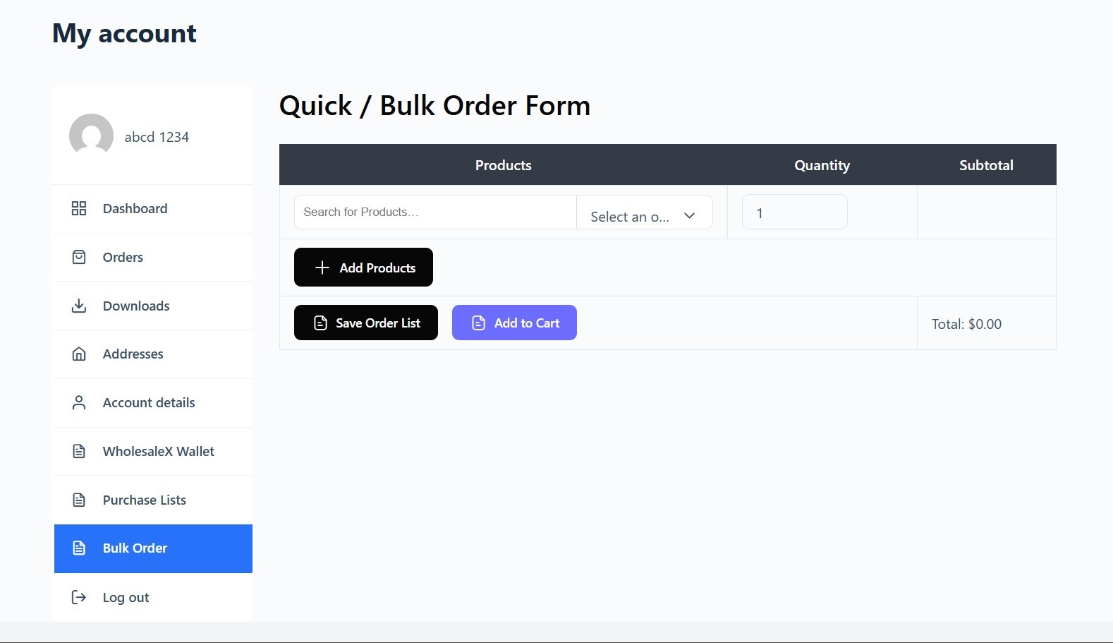 a woocommerce order form is available for B2B users my account dashboard