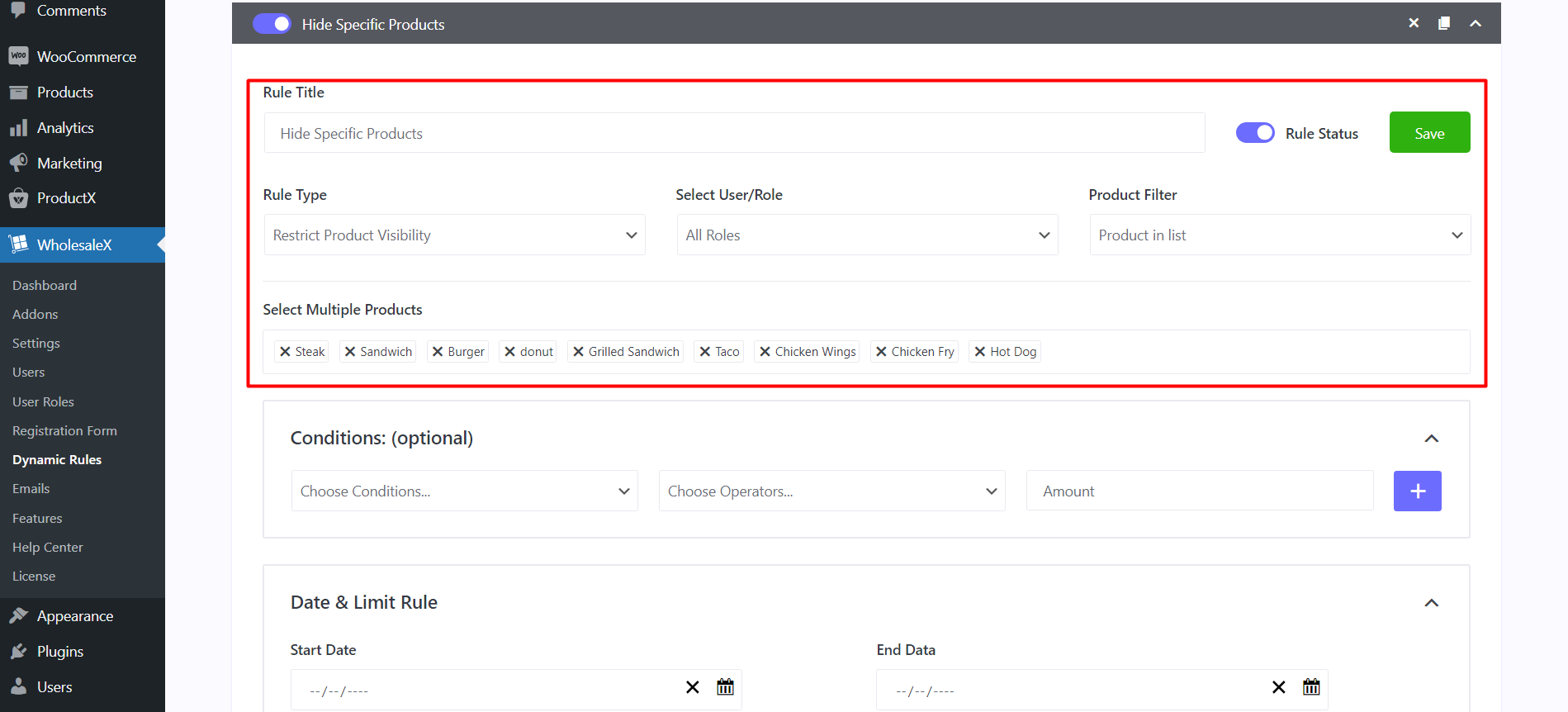 Hide Specific Products Rule Settings