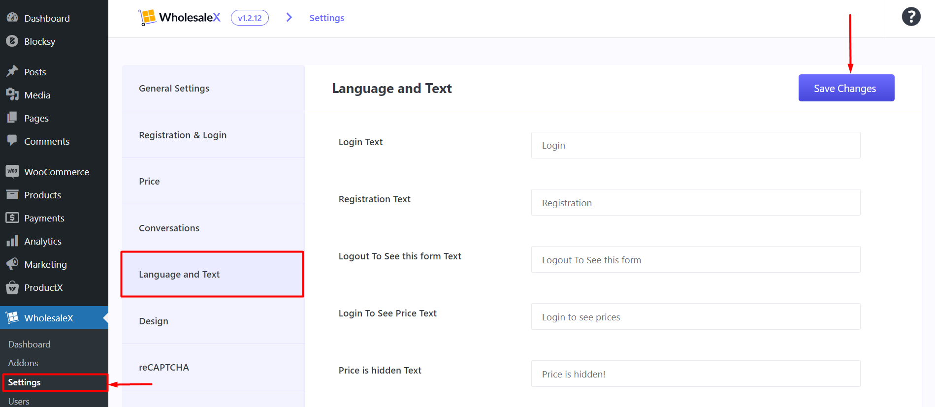 Language and Text Settings for WholesaleX