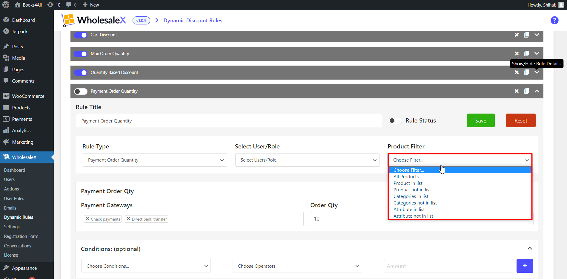 Select your preferred product filter from the “Product Filter” dropdown menu.