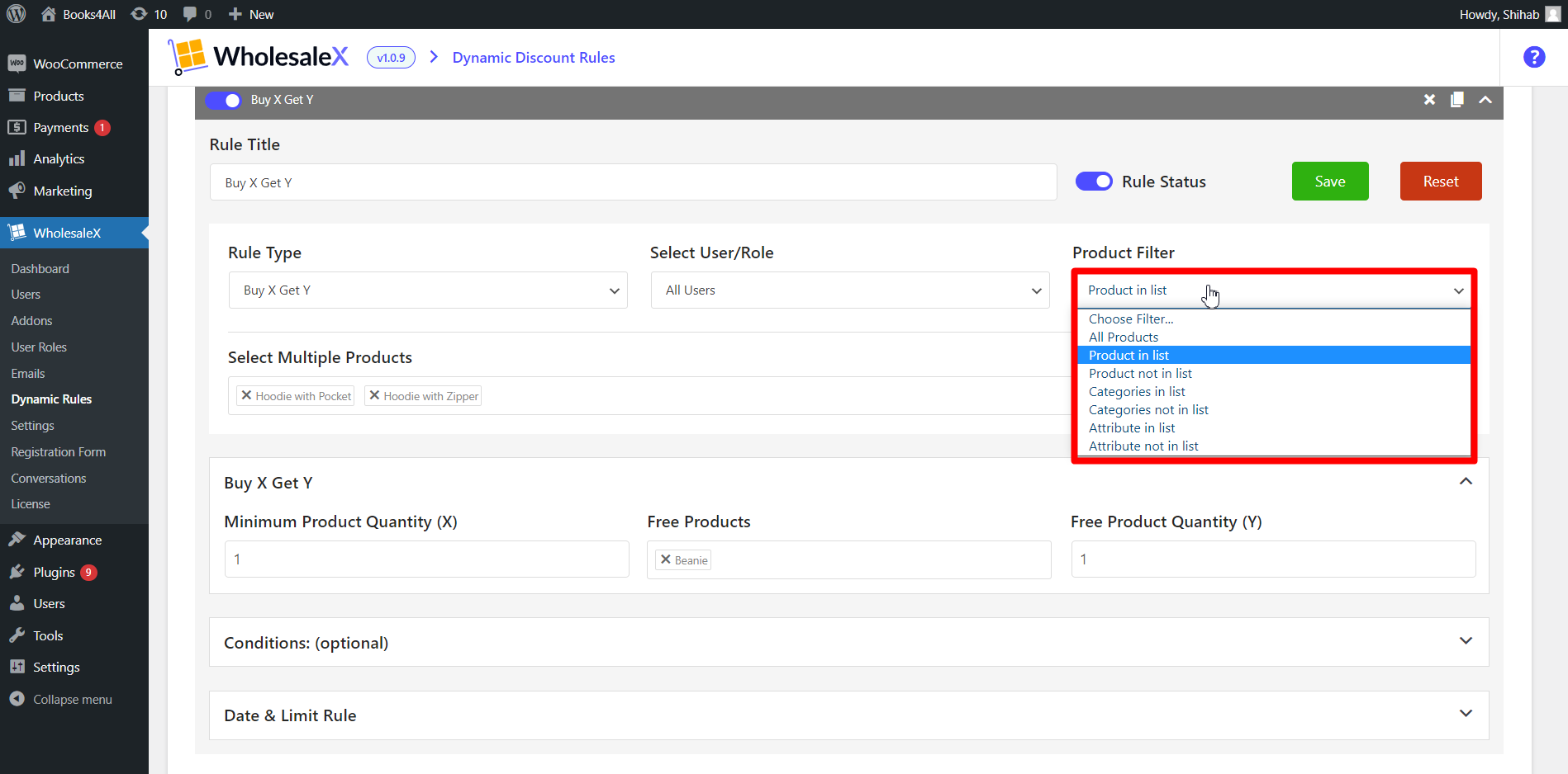 Select your preferred product filter from the “Product Filter” dropdown menu.