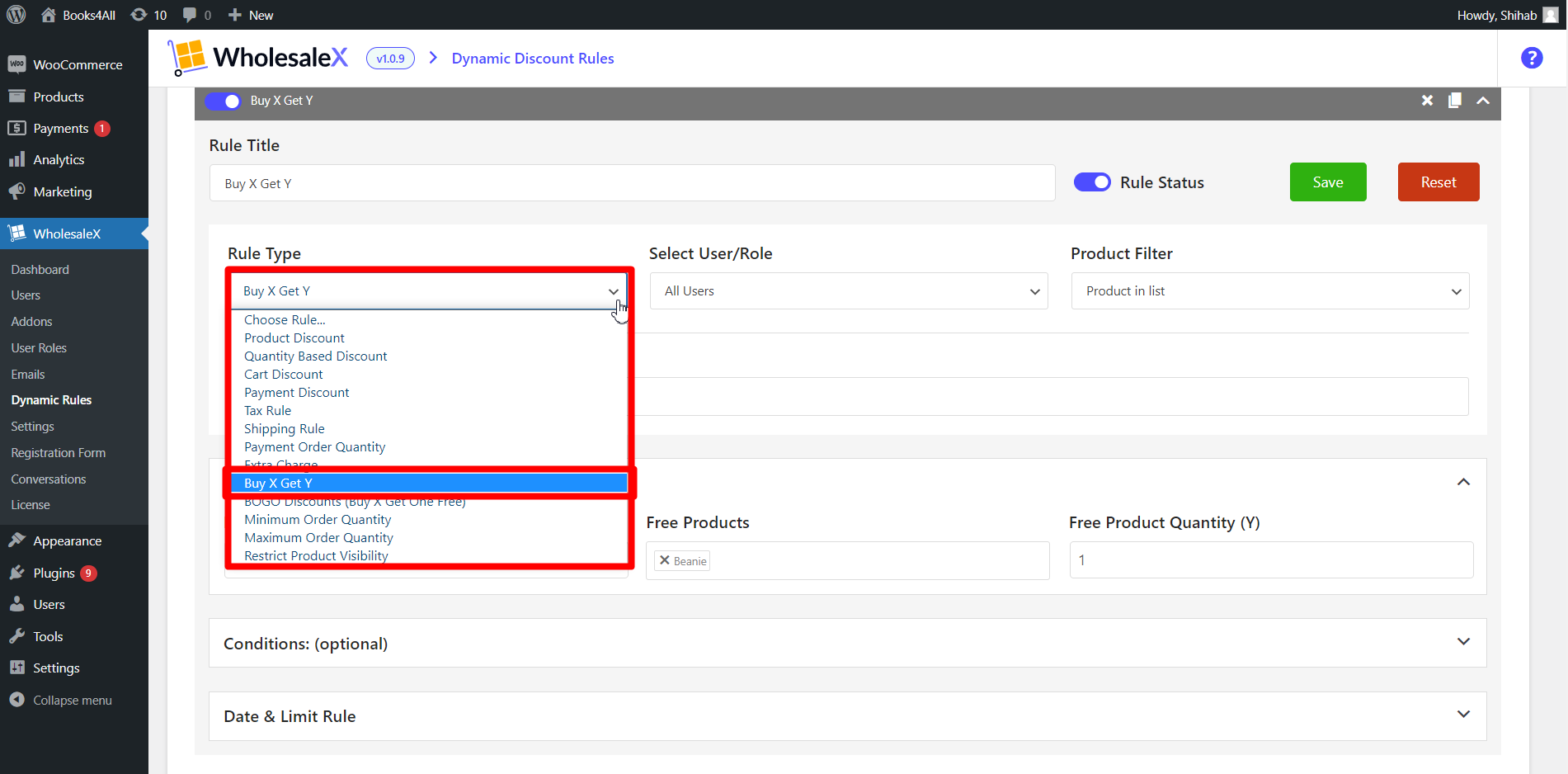 Select Buy X Get Y from the “Rule Type” dropdown menu.