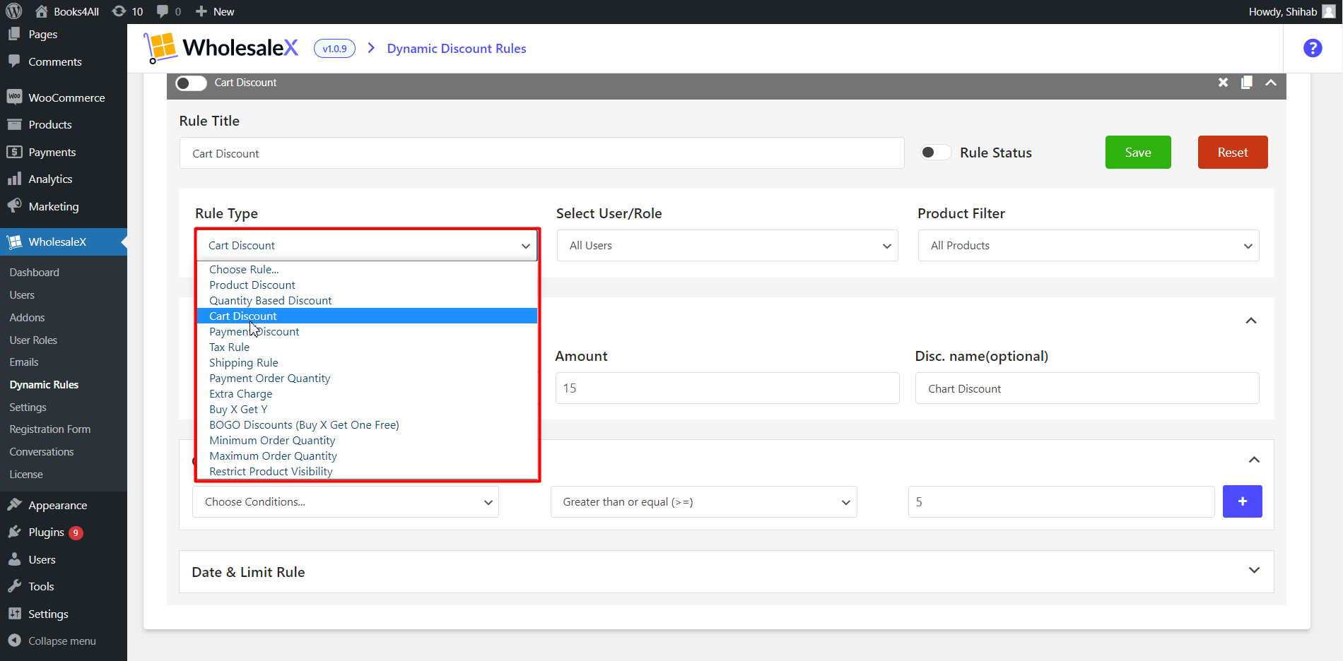 Select Cart Discount from the “Rule Type” dropdown menu.