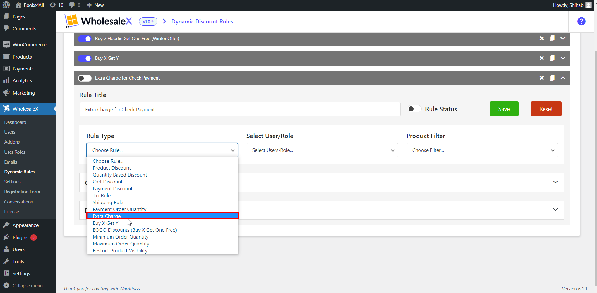 Select Extra Charge from the “Rule Type” dropdown menu.