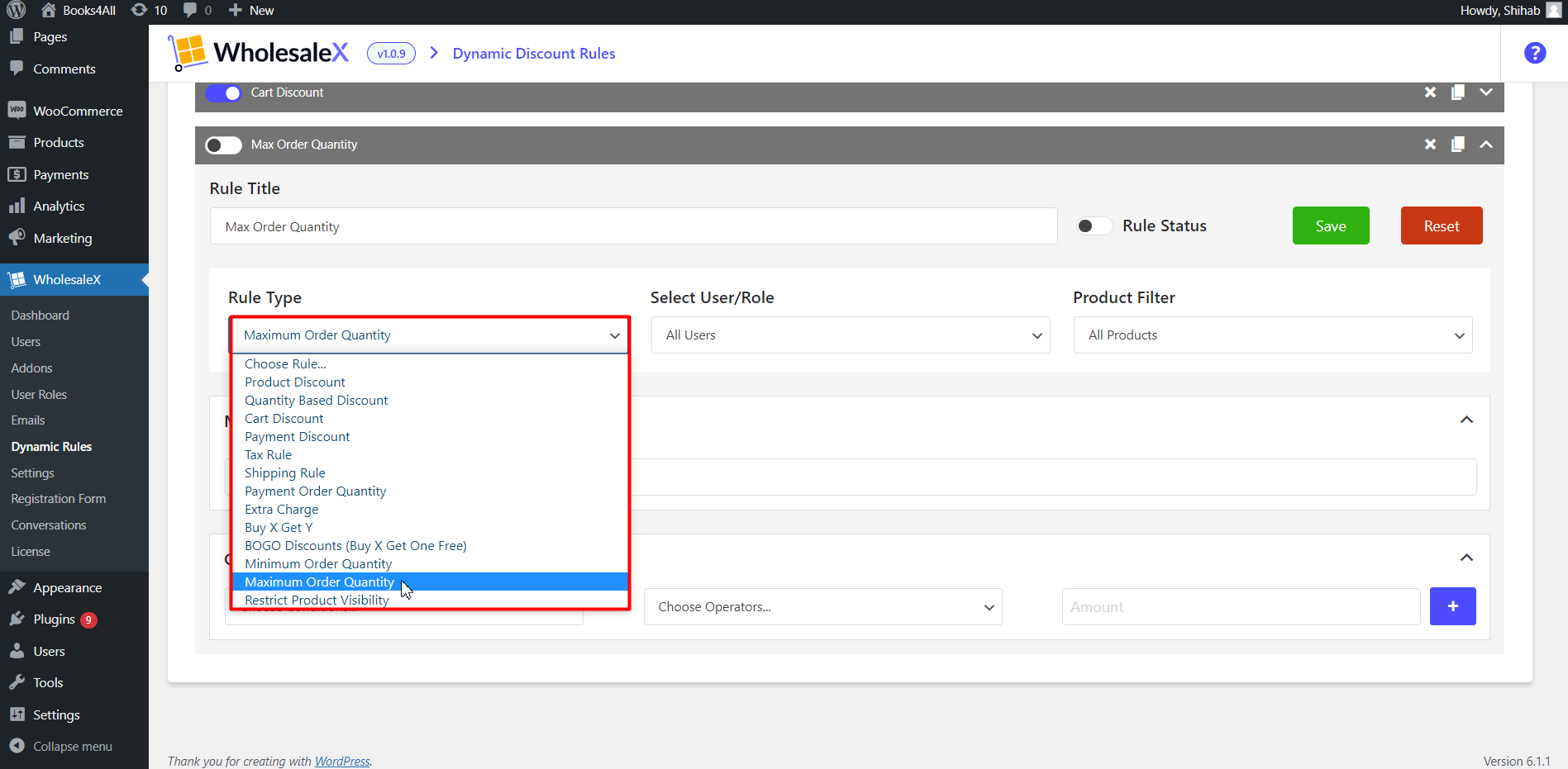 Select Maximum Order Quantity from the “Rule Type” dropdown menu.