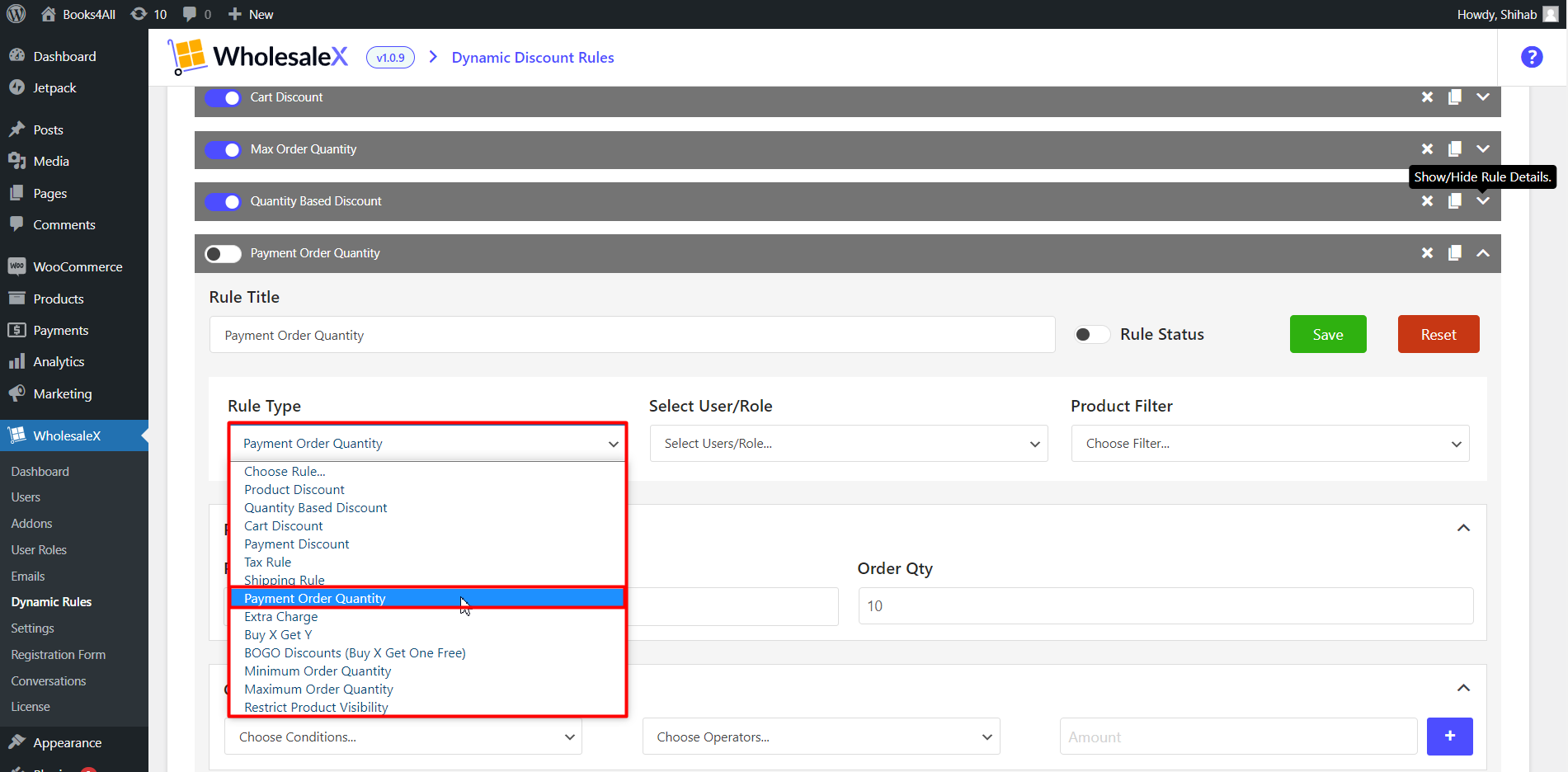 Select Payment Order Quantity from the “Rule Type” dropdown menu.