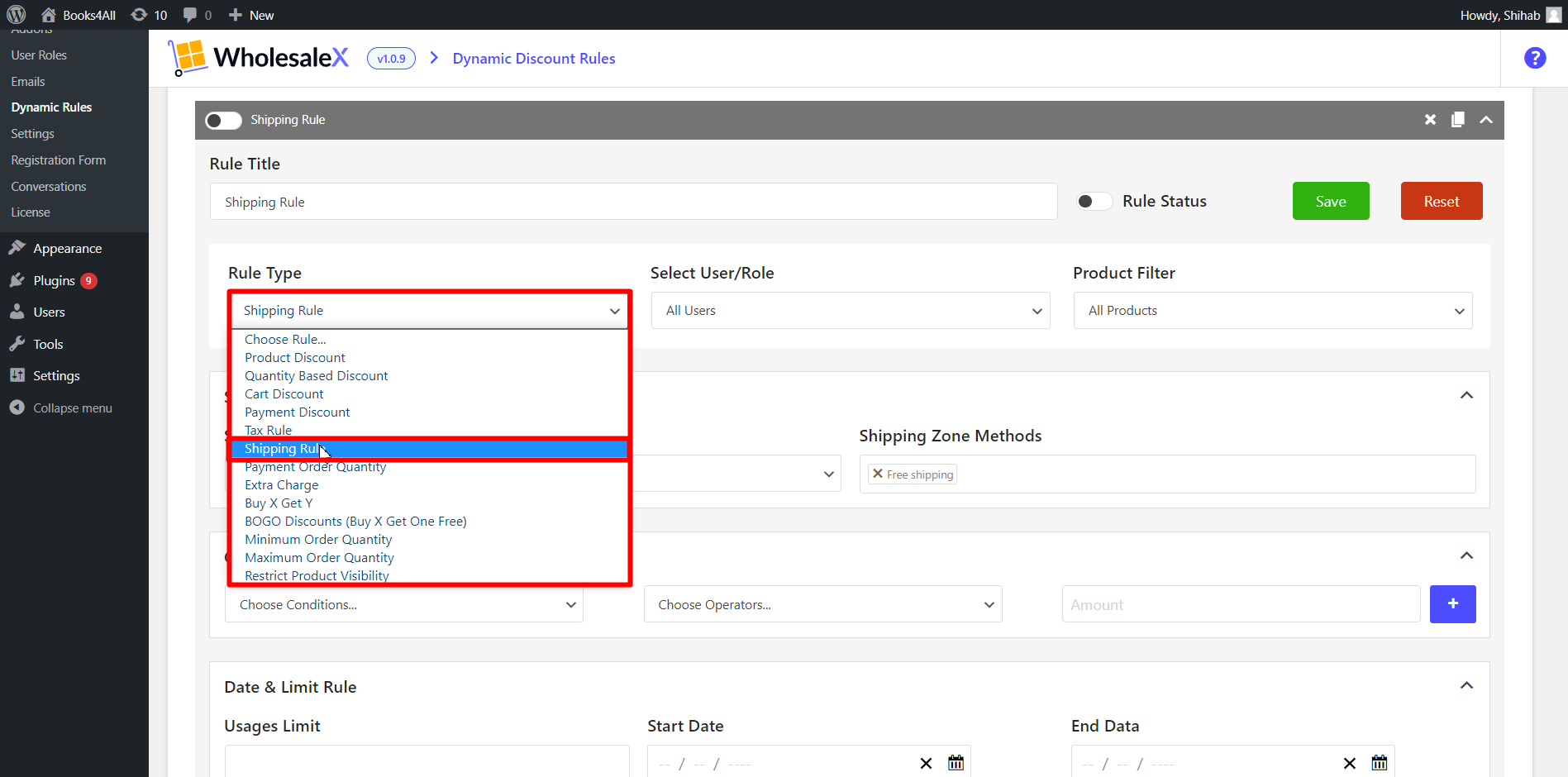 Select the Shipping Rule from the “Rule Type” dropdown menu.