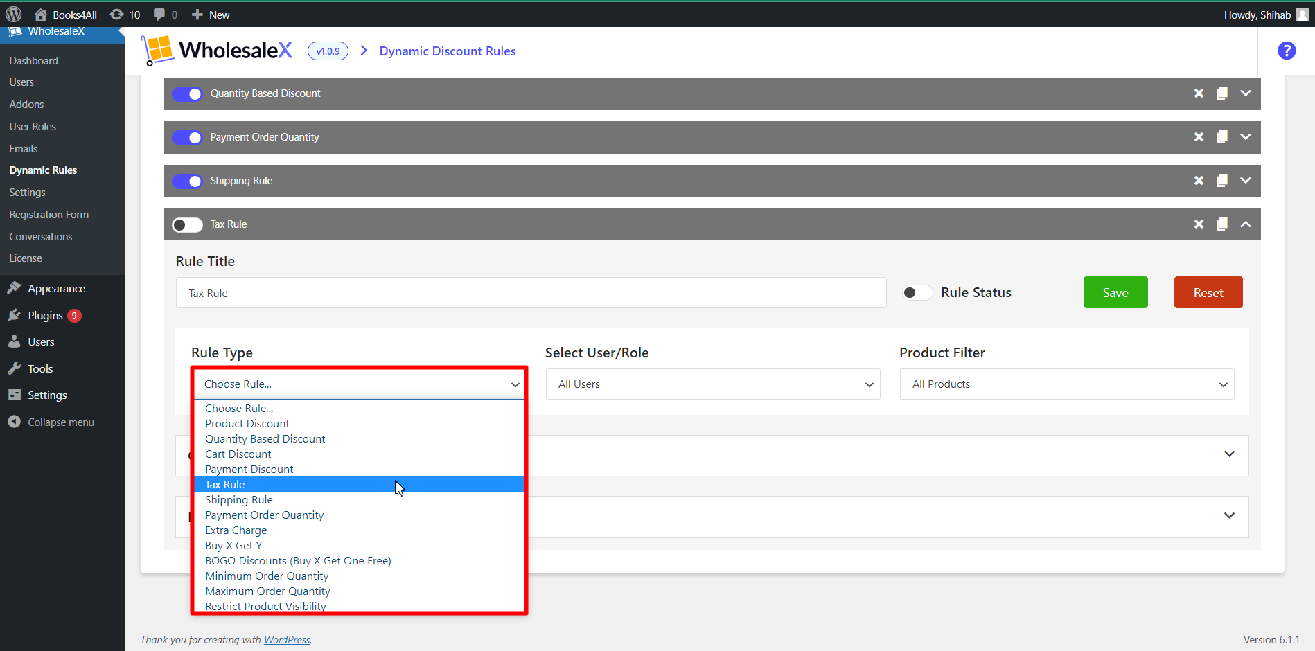 Select Tax Rule from the "Rule Type" dropdown menu.