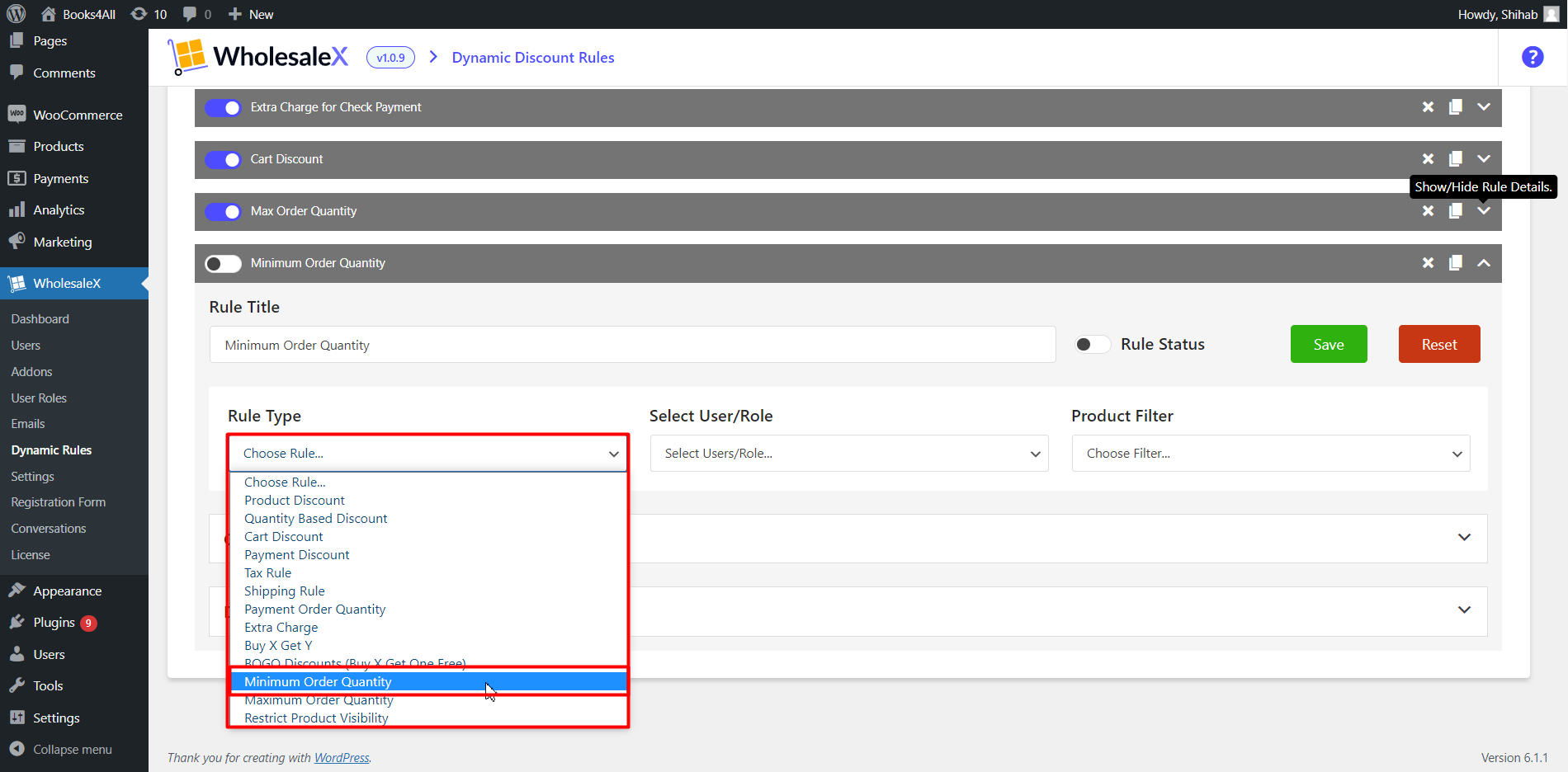 Select Minimum Order Quantity from the “Rule Type” dropdown menu.