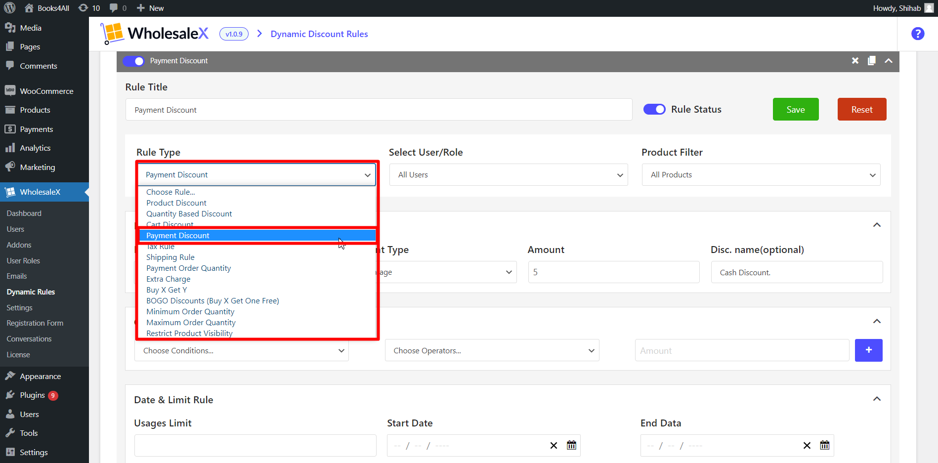 Select Payment Discount from the “Rule Type” dropdown menu.