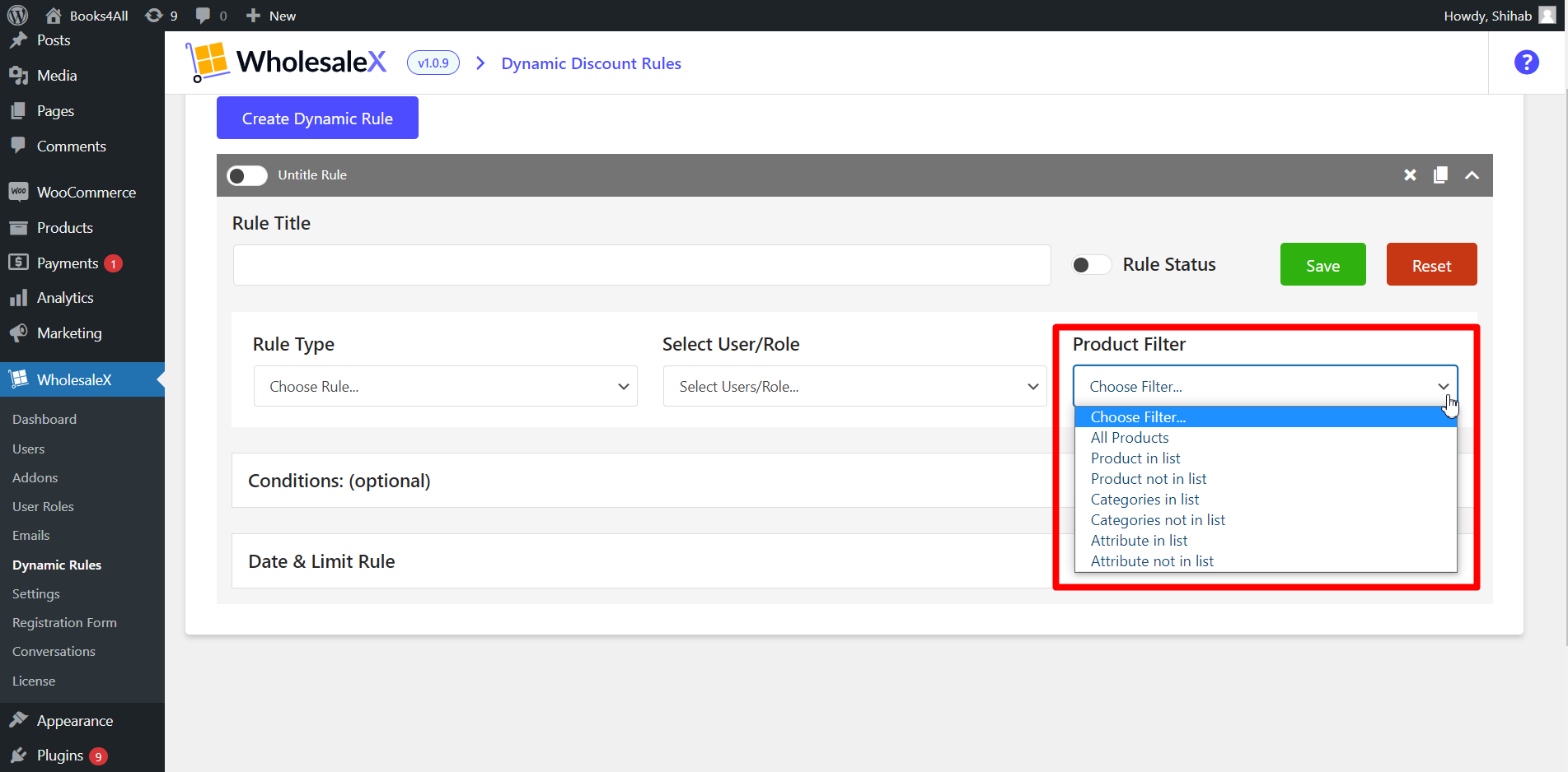 Select your preferred product filter from the “Product Filter” dropdown menu.