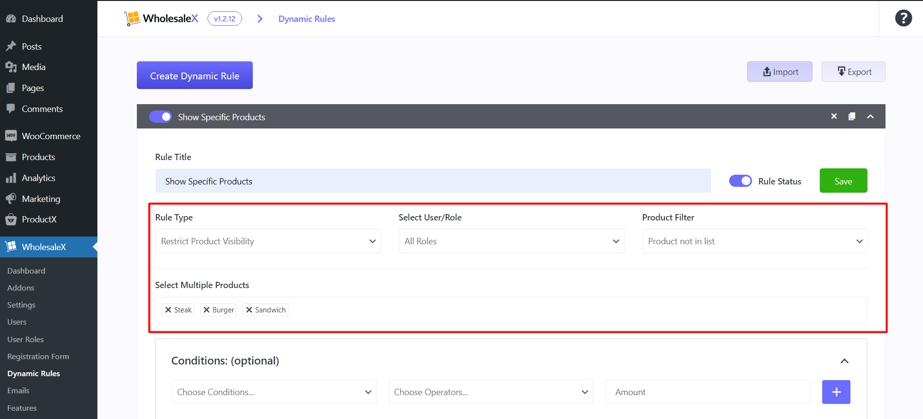 Show Specific Products Rule Settings