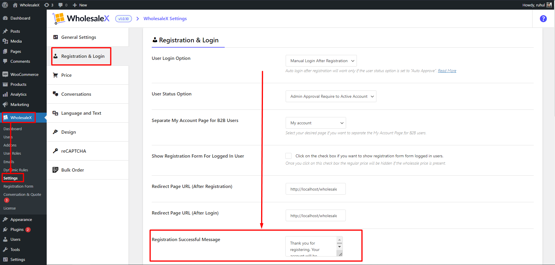 WholesaleX Modifying Registration Success Message