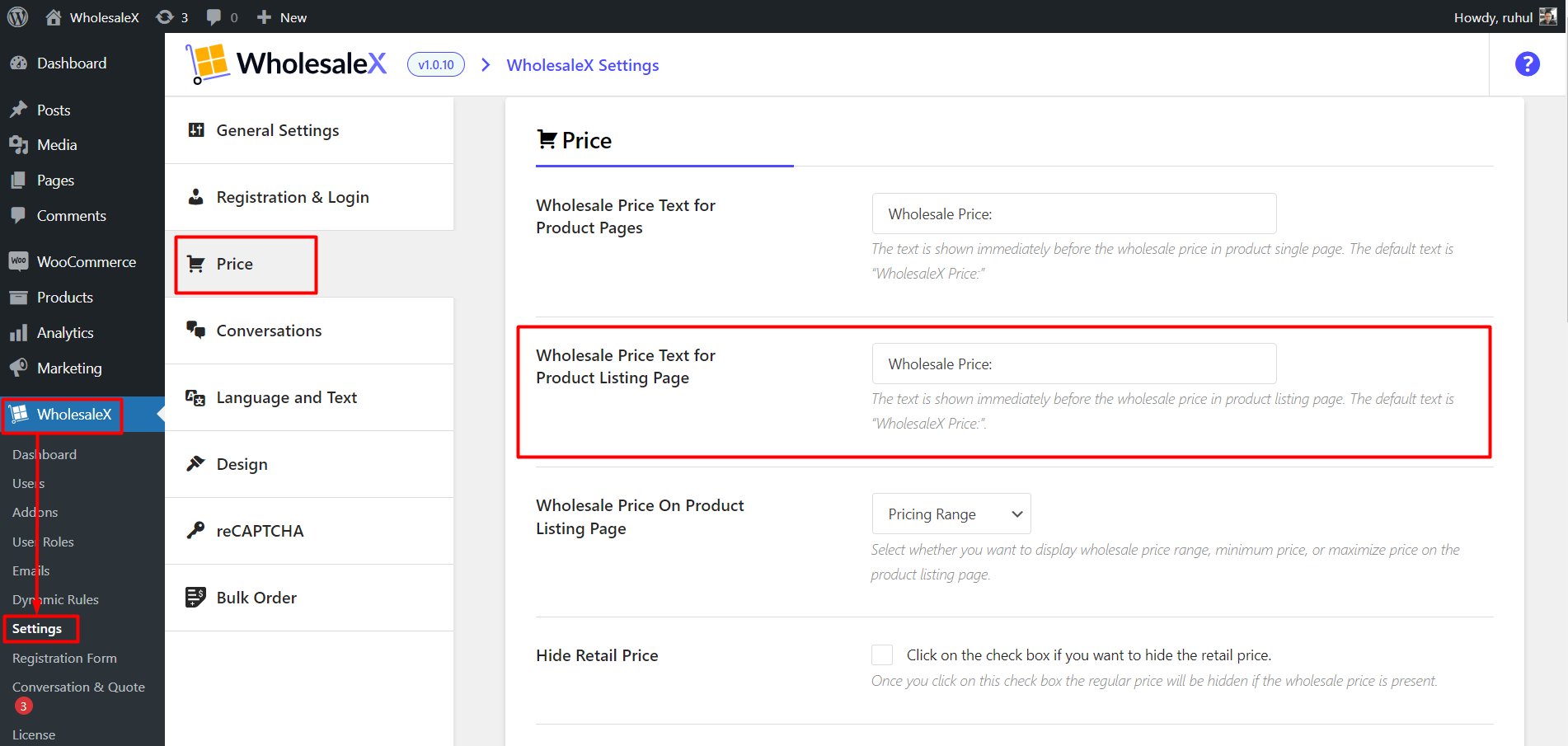 WholesaleX Modifying Wholesale Price Text in Product Listing Page