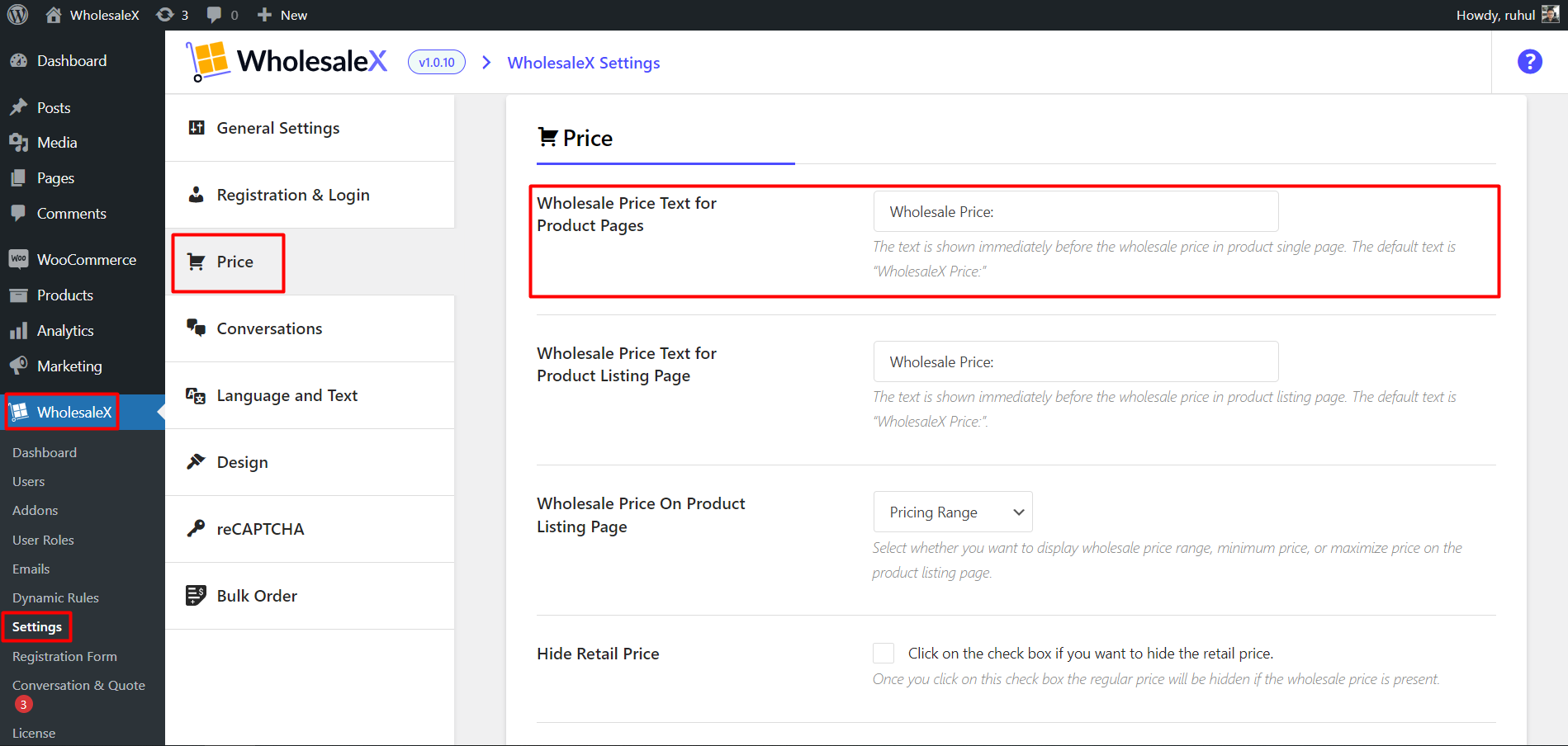 WholesaleX Modifying Wholesale Price Text in Product Page