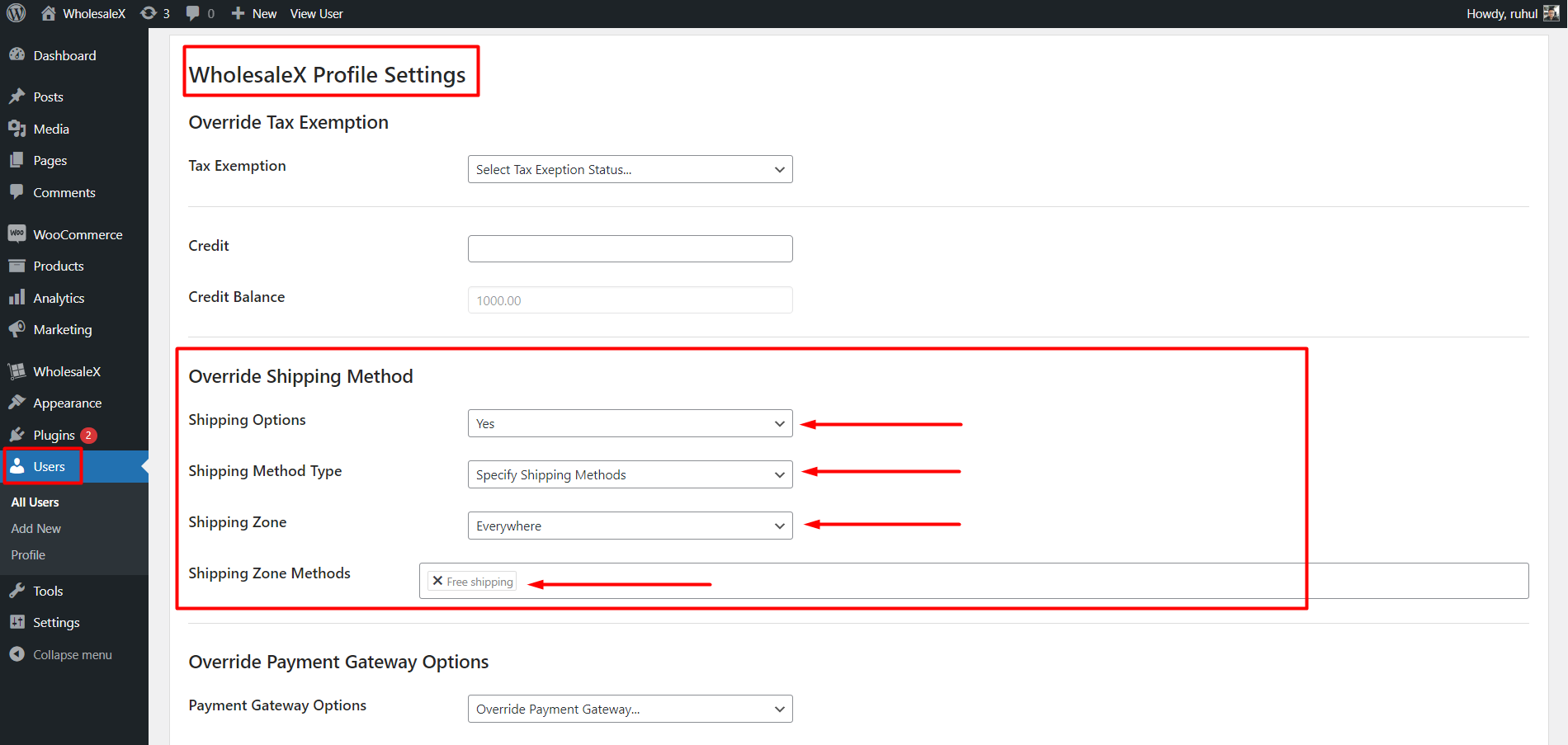 WholesaleX Override Shipping Method for Specific User