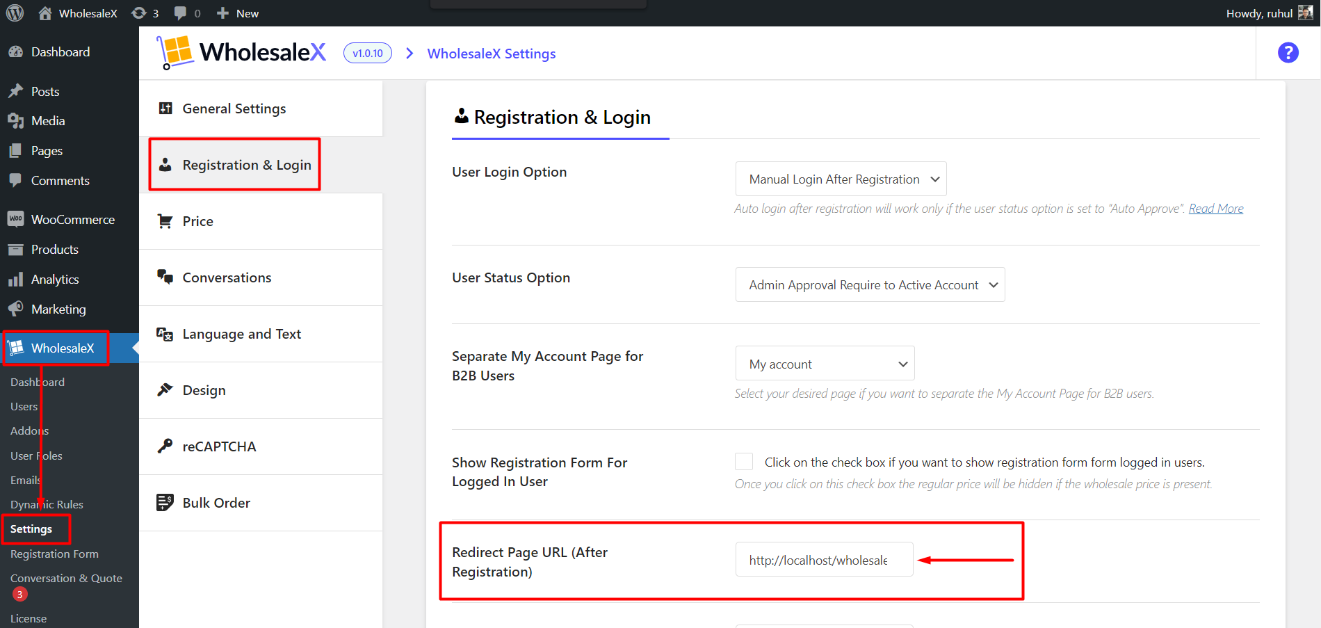WholesaleX Redirect Page URL After Registration