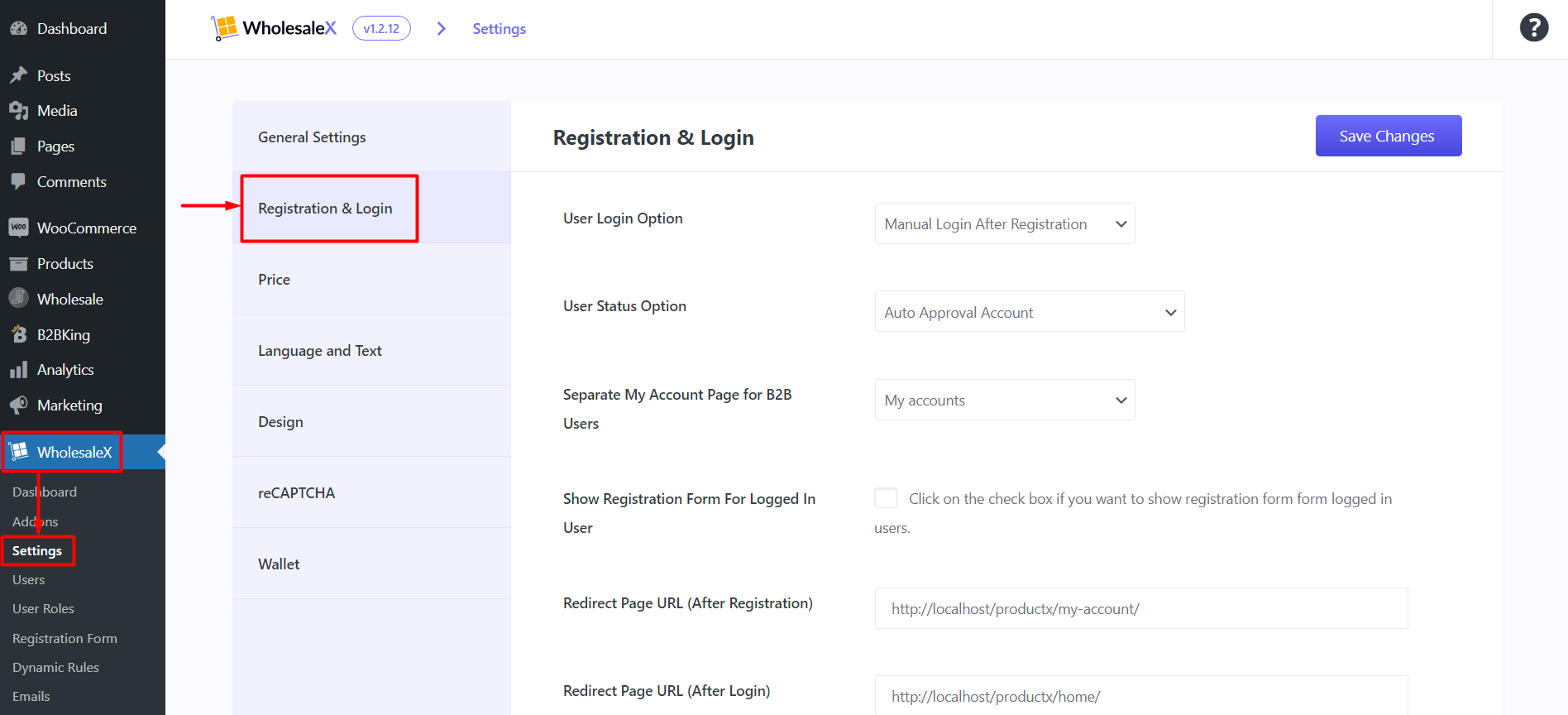 WholesaleX Registration and Login Settings