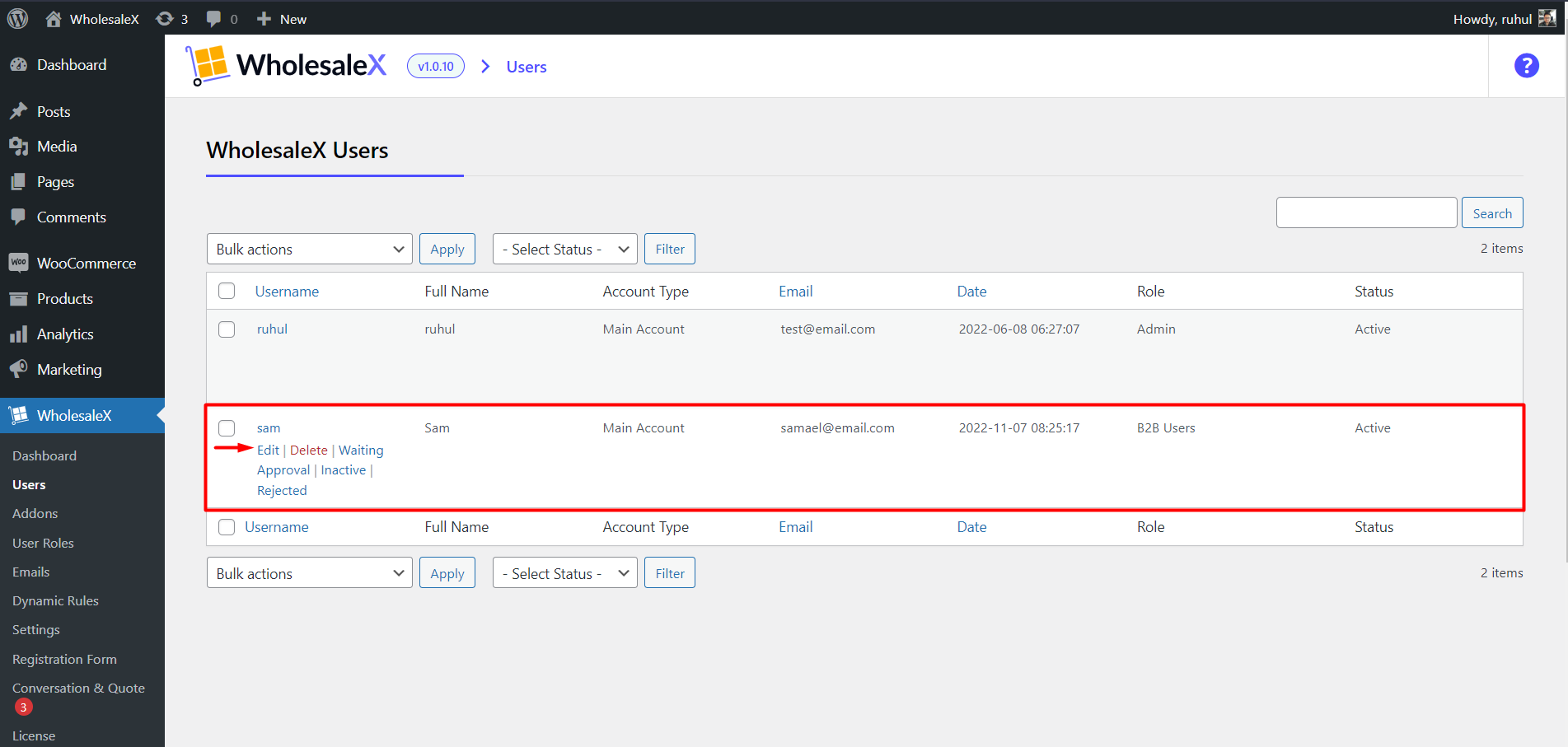 WholesaleX Selecting User for Approval