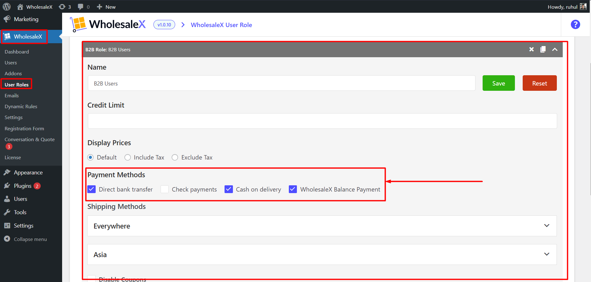 WholesaleX Set Specific Payment Methods for User Roles