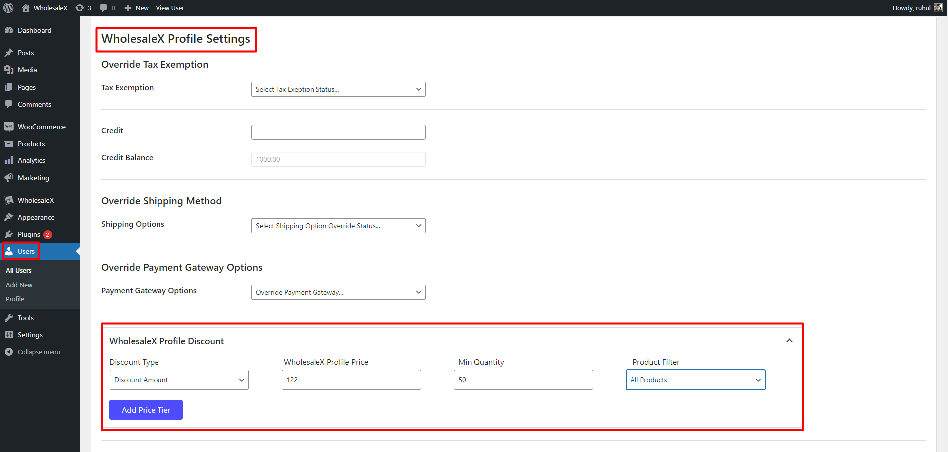 WholesaleX Setting Discounts for Specific User