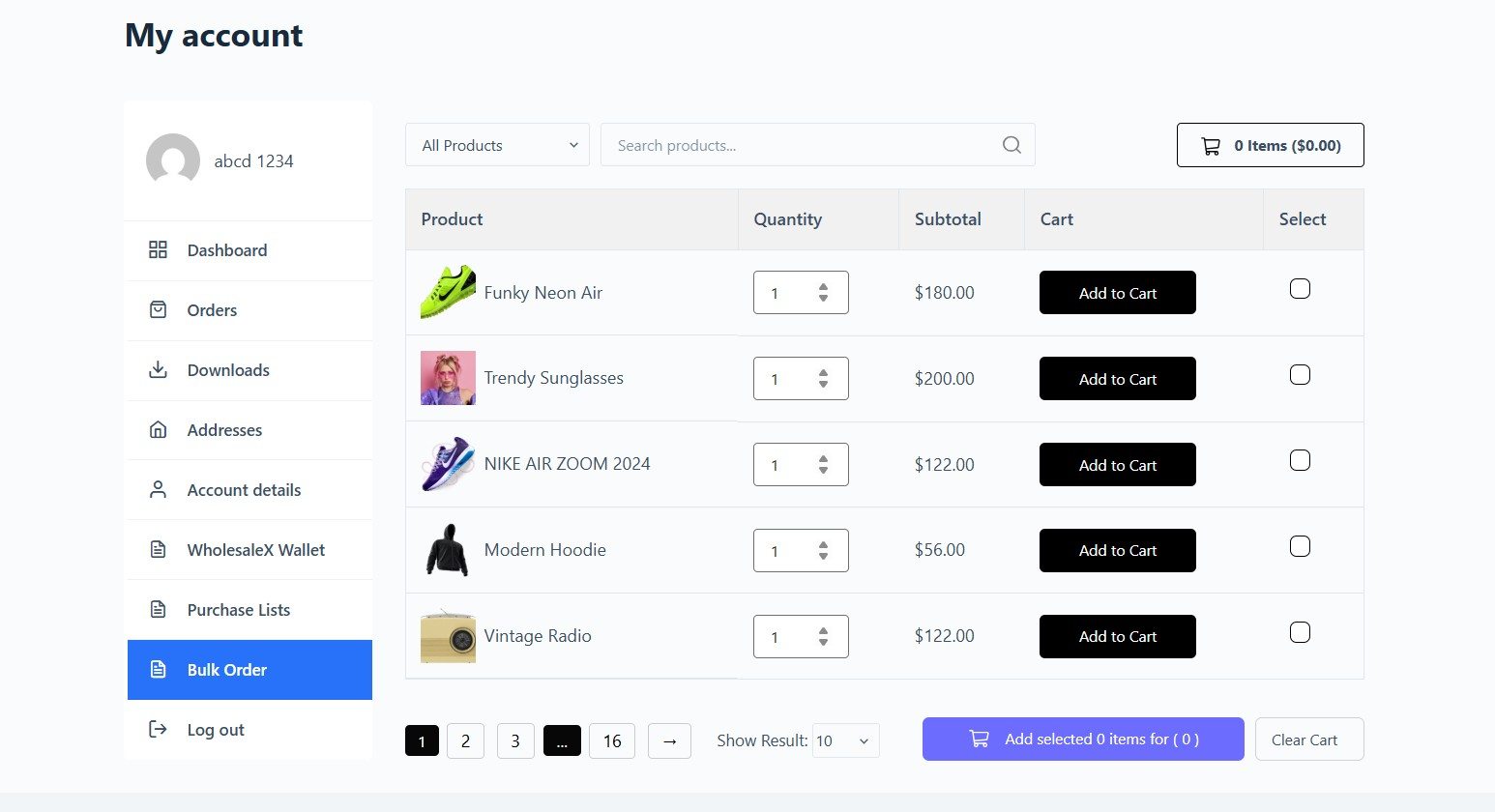 Bulk order in a table layout in the my account dashboard