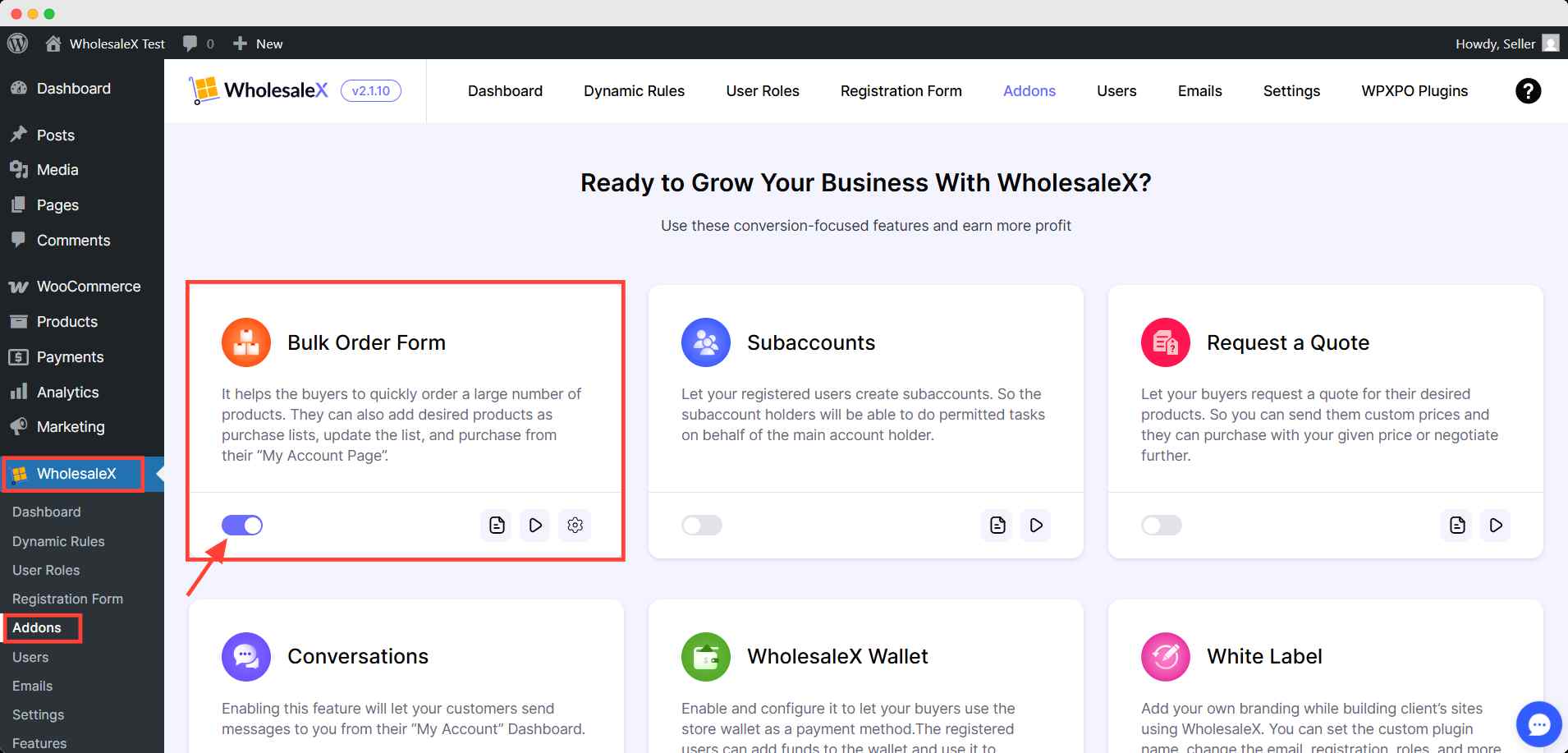 Enabling the bulk order form addon from wholesaleX dashboard