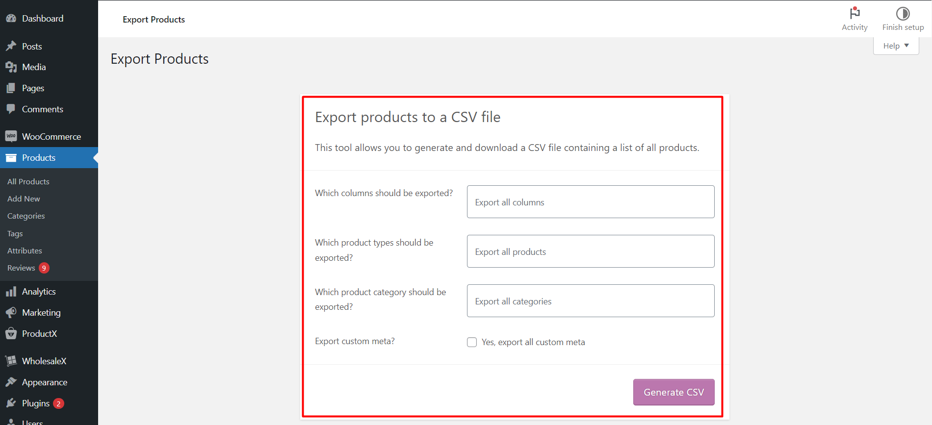 Product Exporting Page
