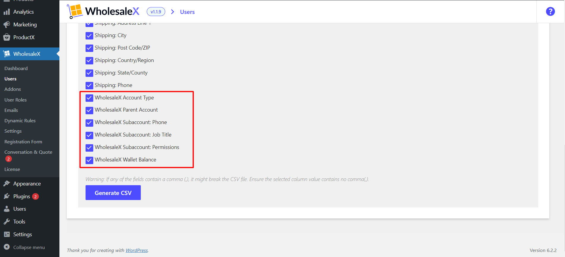 WholesaleX User Data Exporting Options