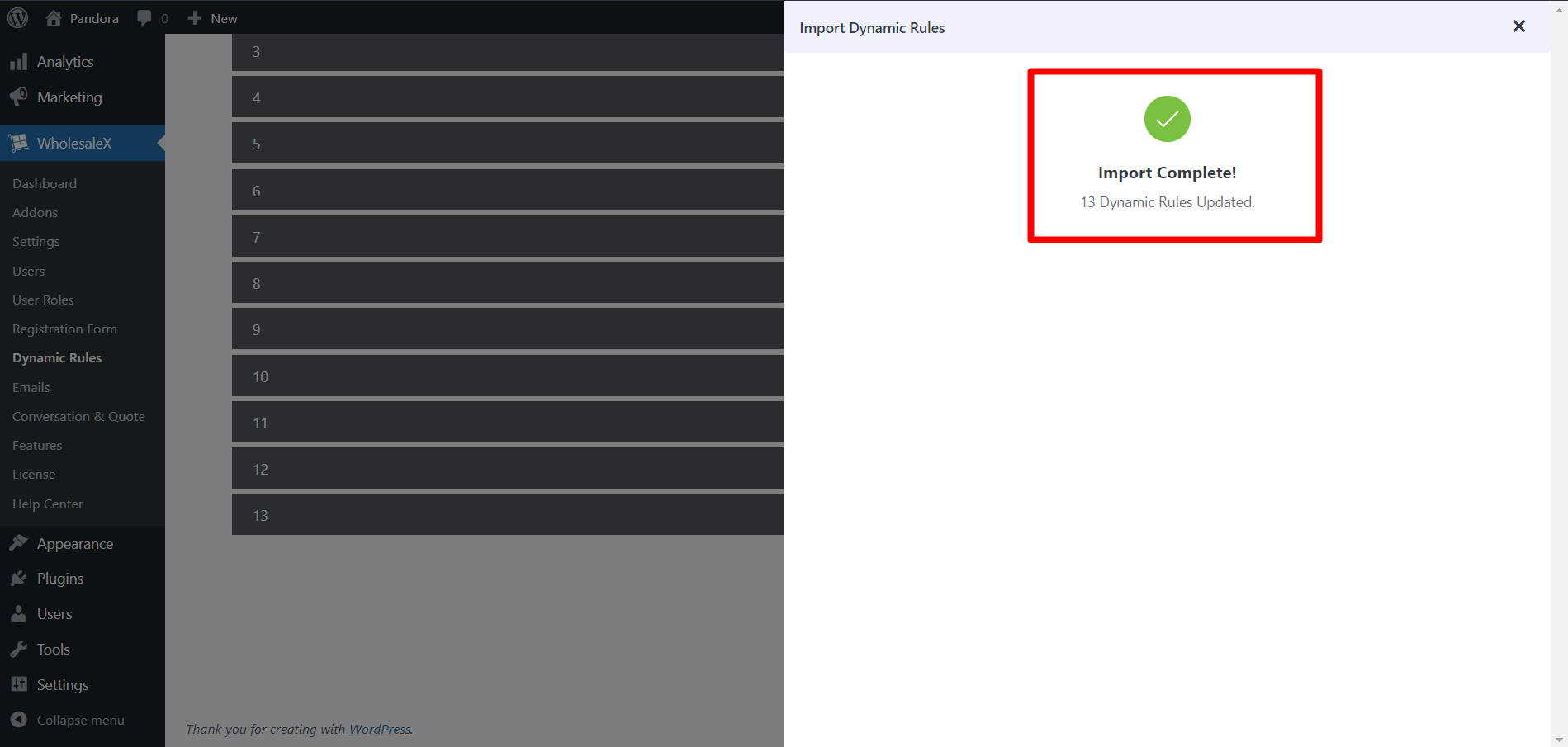 Dynamic Rules Successful Import Message