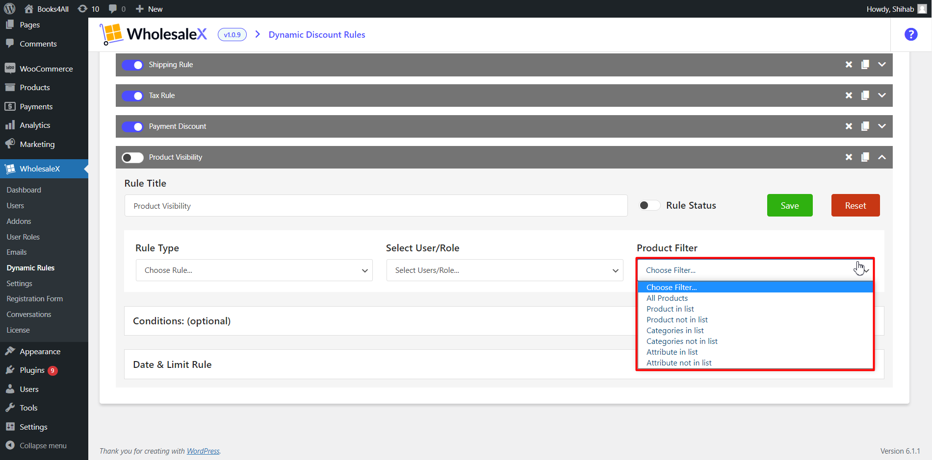 Product Filter for Visibility