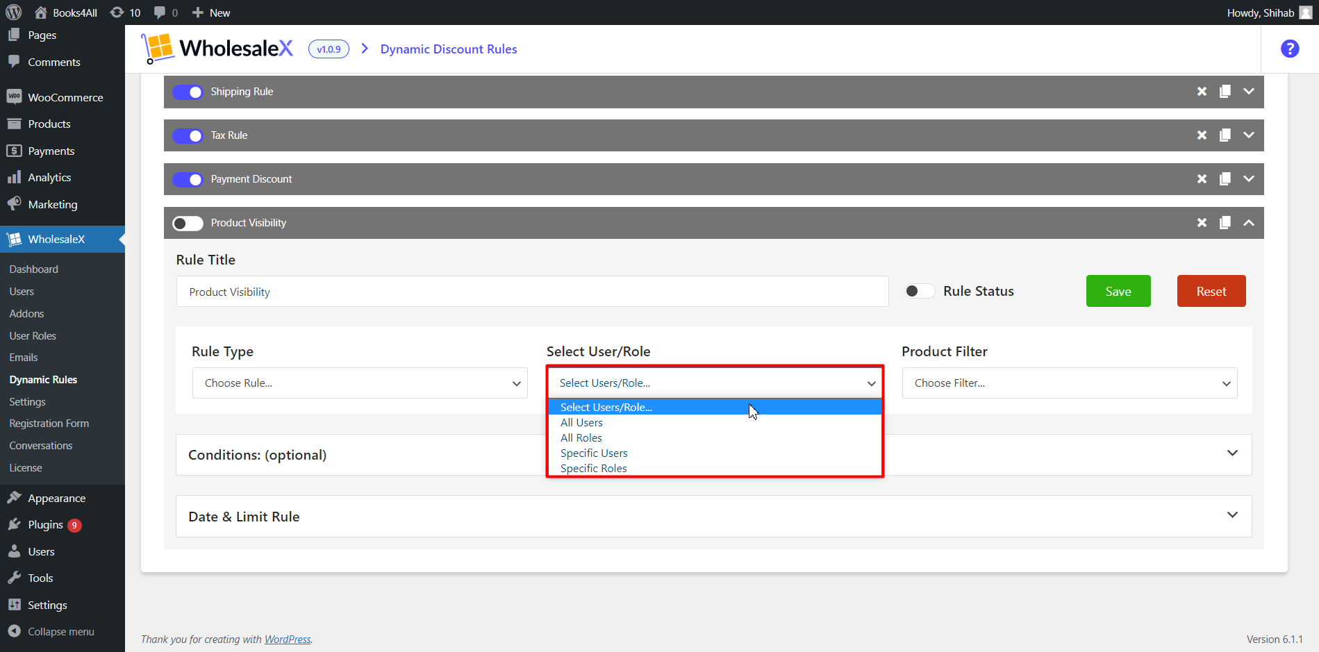 Selecting User or Roles for Visibility