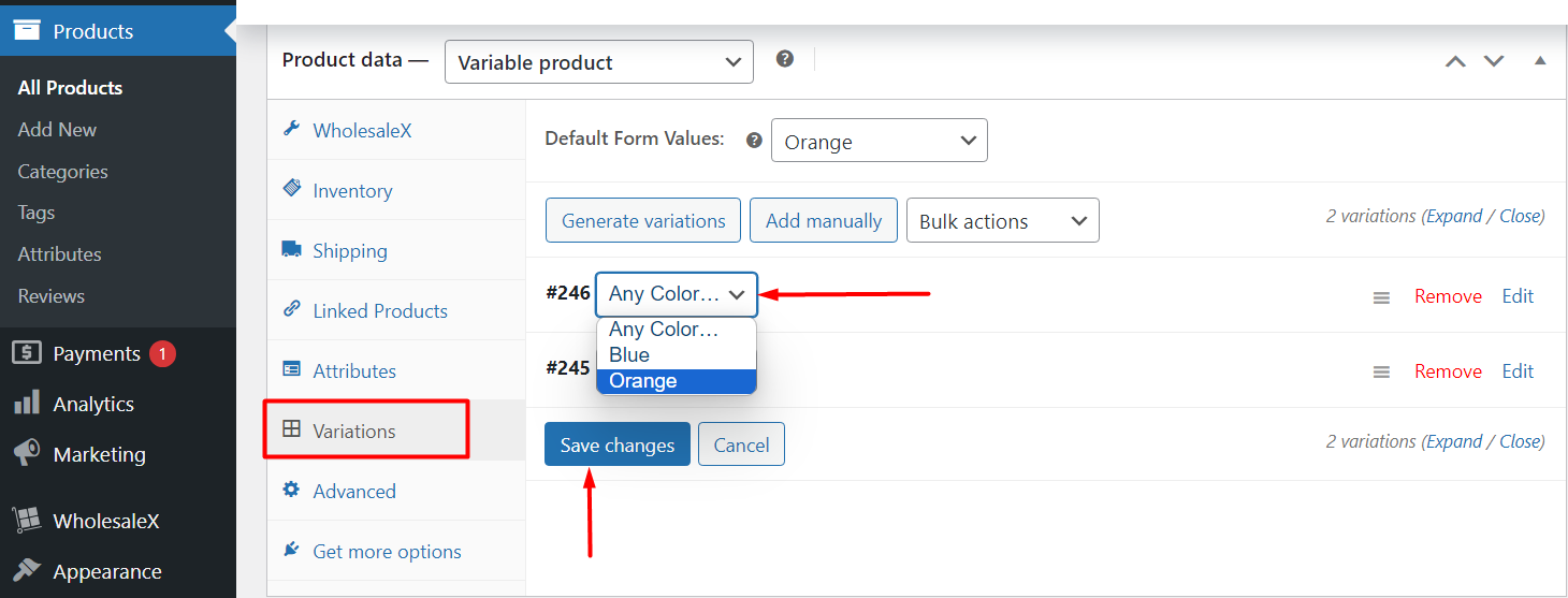 Adding a product variation from the backend