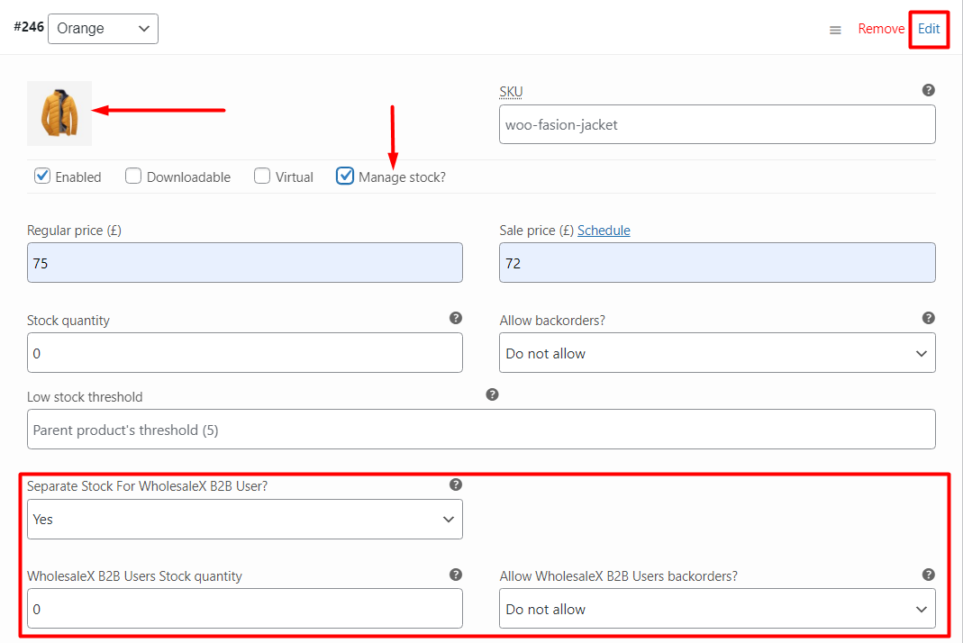 Stock Management for B2B Variable Product